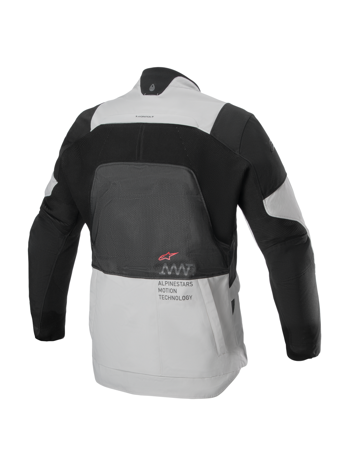 Alpinestars AMT-7 Air Jacket, vista posterior, color Tan y Dark Shadow, chaqueta técnica de motociclismo con un gran panel de malla MATRYX® en la espalda, texto 'Alpinestars Motion Technology' y logotipo rojo, diseñada para el touring de aventura de verano
