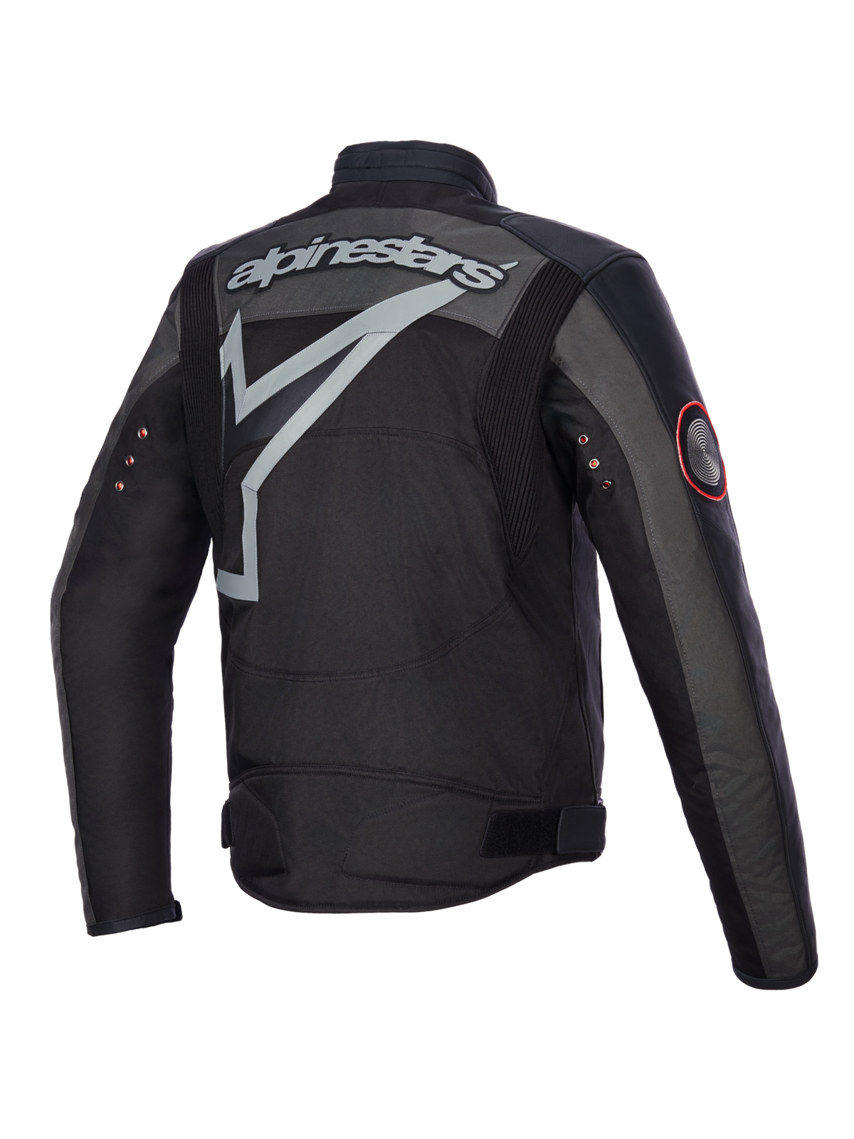 Alpinestars Axton Jacket, Motorcycle Jacket, Black Anthracite Red Tangerine, back view showing large grey wrap-around logo and wordmark, accordion shoulder panels, and vintage metal eyelets on sleeves, textile and leather construction.