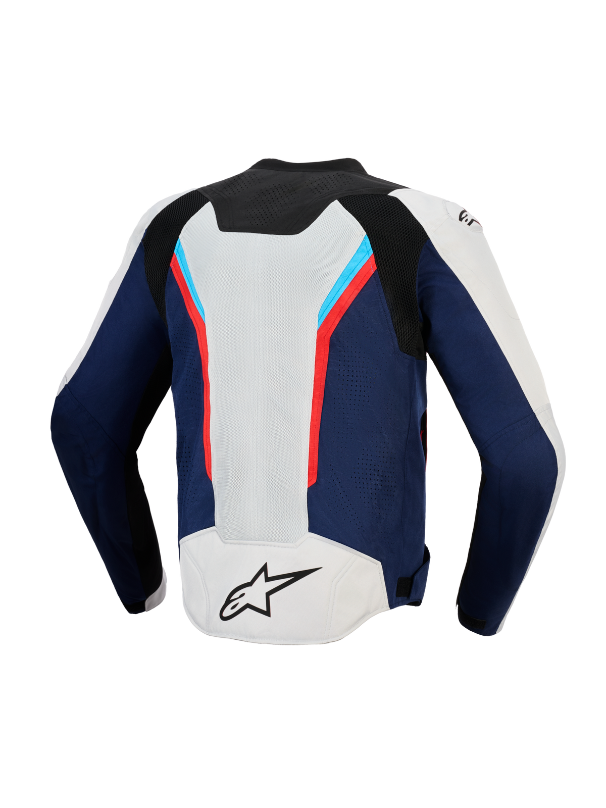 Alpinestars AST V3 Air Jacket, Rear view, Silver Deep Blue and Bright Red, technical motorcycle jacket featuring large mesh ventilation panels, sporty multi-panel design with red and light blue accents, black A-star logo on silver lower back.