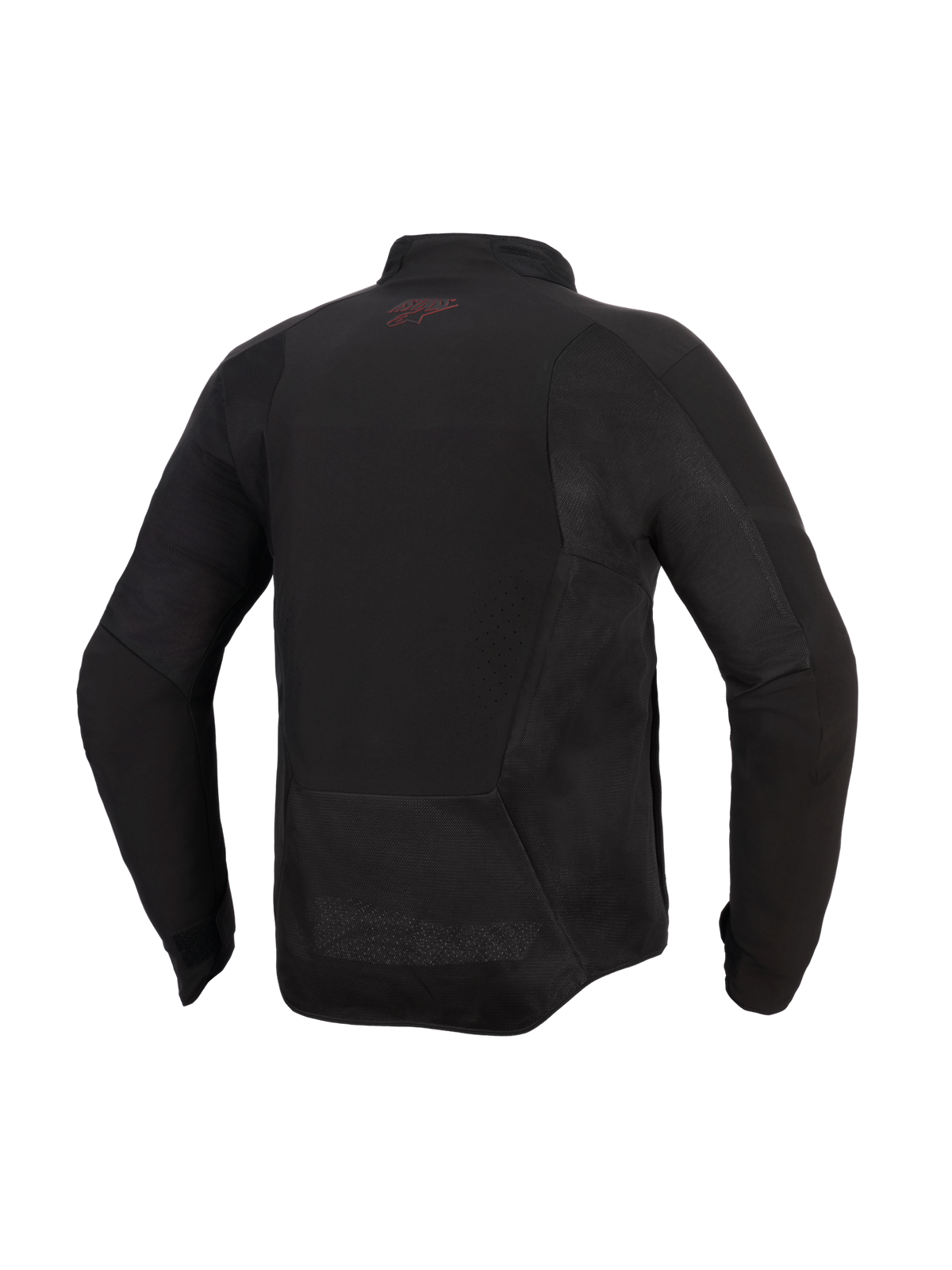 Alpinestars Aeroshell Airflow Jacket, Motorcycle Jacket, Black Anthracite, rear view featuring mesh panels and laser-perforated ventilation zones, elongated rear for riding coverage, small red logo on the back neck, lightweight sport-cut softshell design