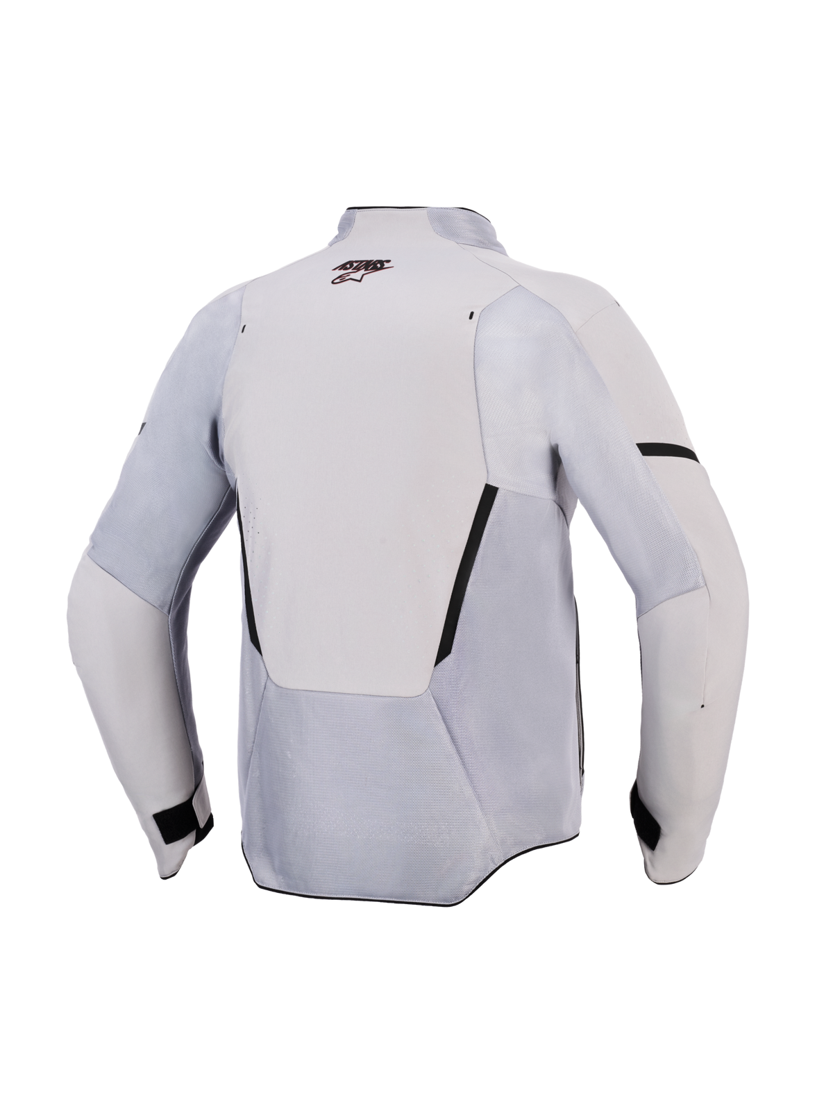 Chaqueta Alpinestars Aeroshell Airflow, chaqueta de moto, gris medio antracita, vista trasera con paneles de ventilación de malla y perforaciones láser, tejido elástico ligero con diseño de corte deportivo para climas cálidos