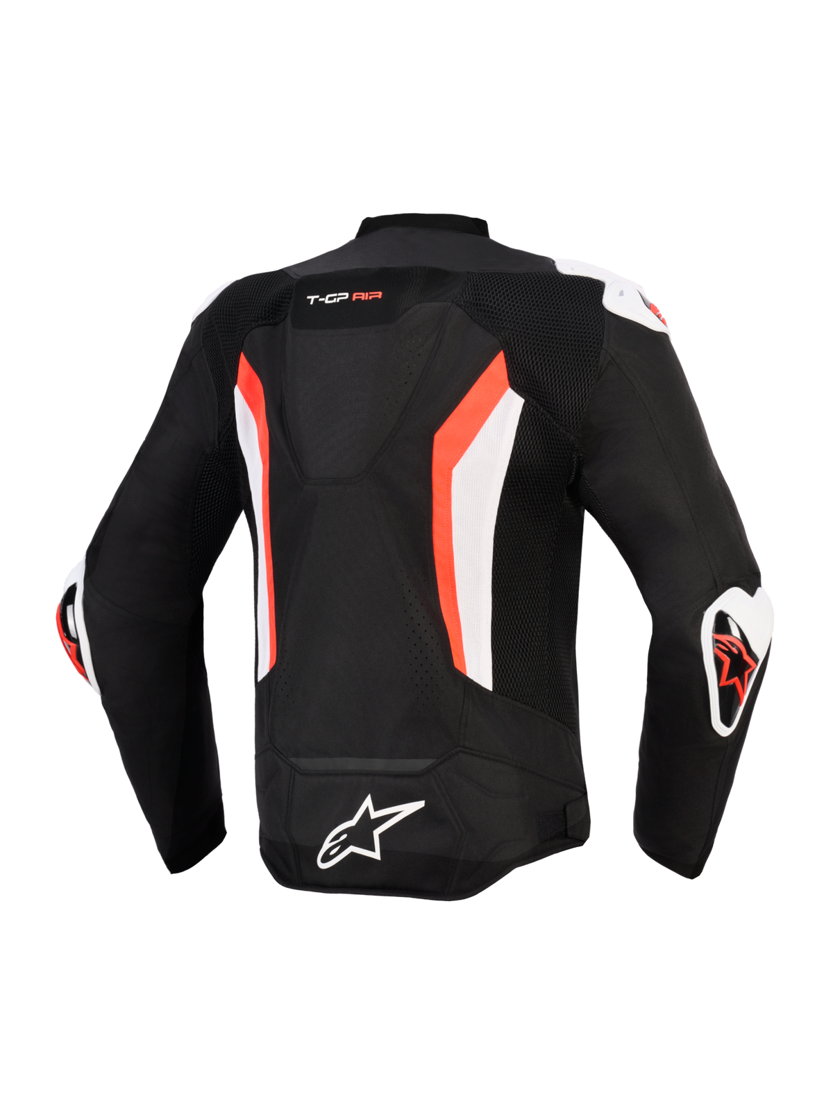 Chaqueta Alpinestars T-GP Air, vista posterior, negra con detalles en rojo flúor y blanco, con joroba aerodinámica, paneles de malla técnica para ventilación, marca "T-GP AIR" en la parte superior de la espalda, deslizadores DFS blancos y rojos en hombros y codos, logotipo de Alpinestars en la parte inferior de la espalda, chaqueta de moto de alto rendimiento con corte deportivo