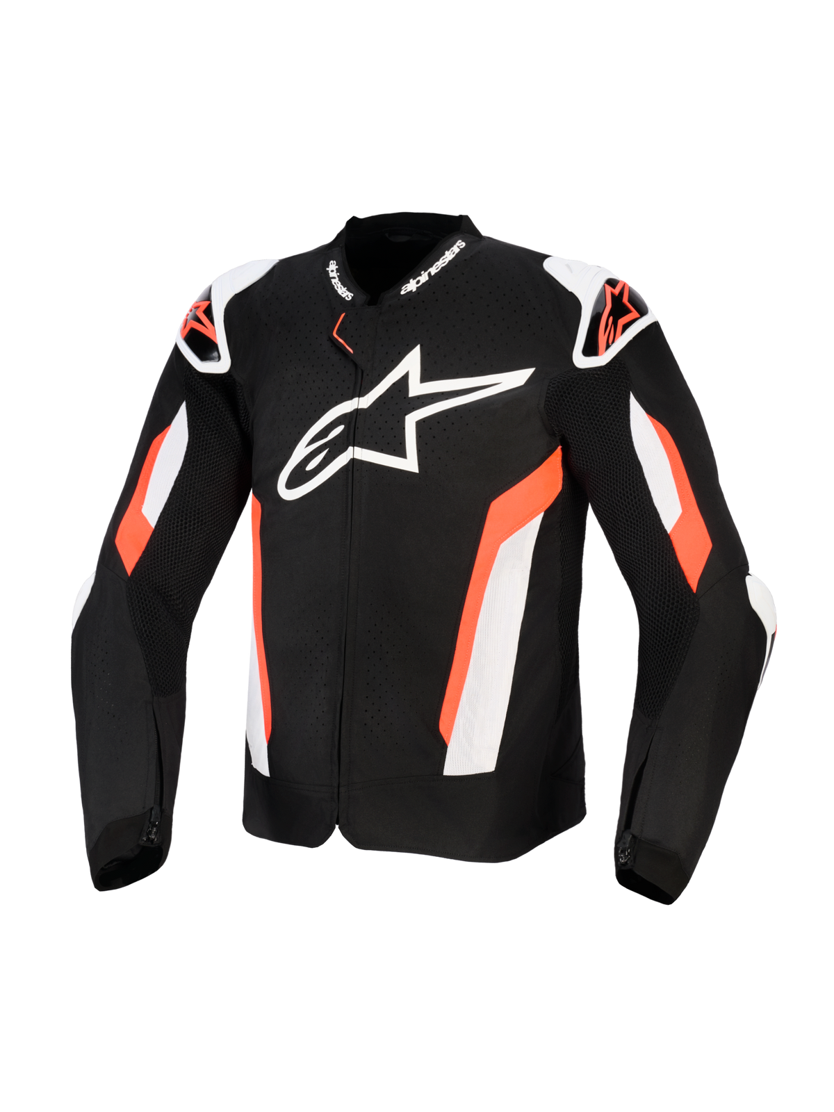 Chaqueta Alpinestars T-GP Air, chaqueta textil de motociclismo en negro y rojo flúor, gran logotipo blanco de Alpinestars en el pecho, con paneles de malla perforada por láser para ventilación, deslizadores externos en los hombros y diseño de corte deportivo para conducción protegida en carretera