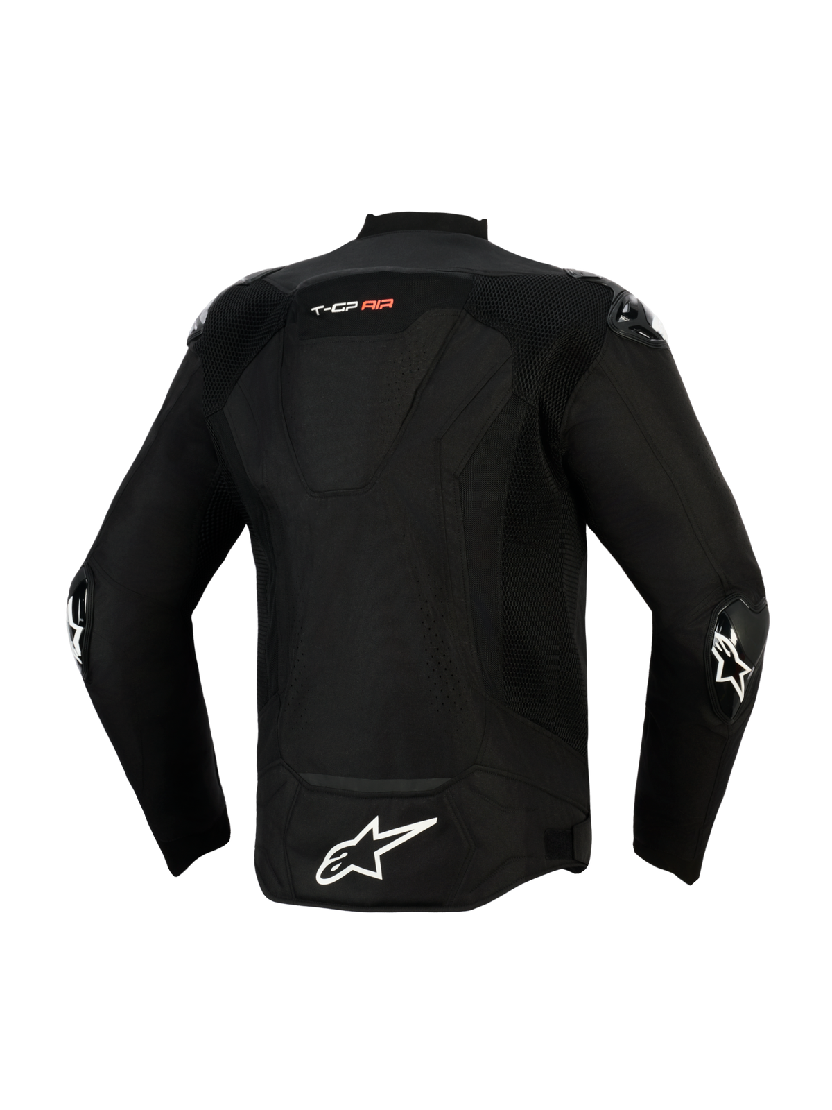 Alpinestars T-GP Air Jacket, Back View, Black, featuring a large white star logo on the lower back and 'T-GP AIR' branding, mesh and laser-perforated panels for airflow, and external sliders on the elbows, sport-derived textile riding jacket