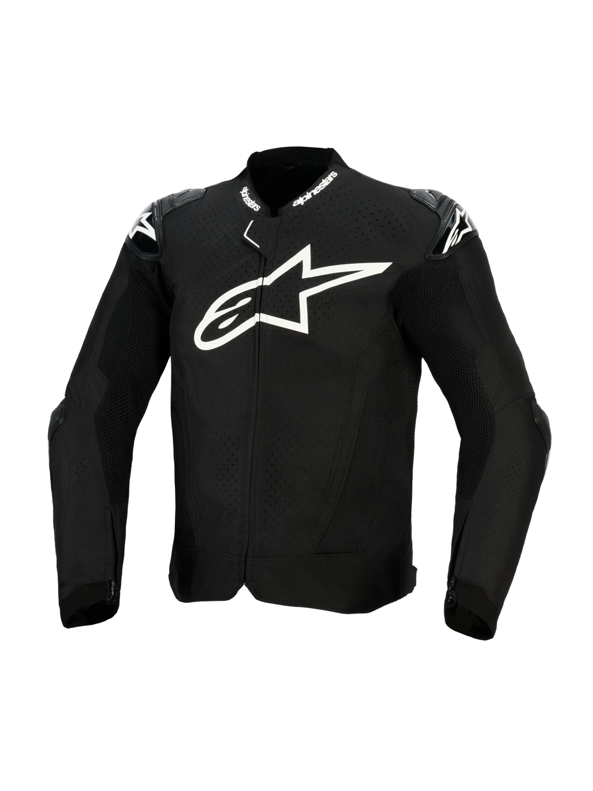 Alpinestars T-GP Air Jacket, Black Textile Motorcycle Jacket, featuring a large white chest logo, laser-perforated ventilation panels, and external shoulder sliders, front view