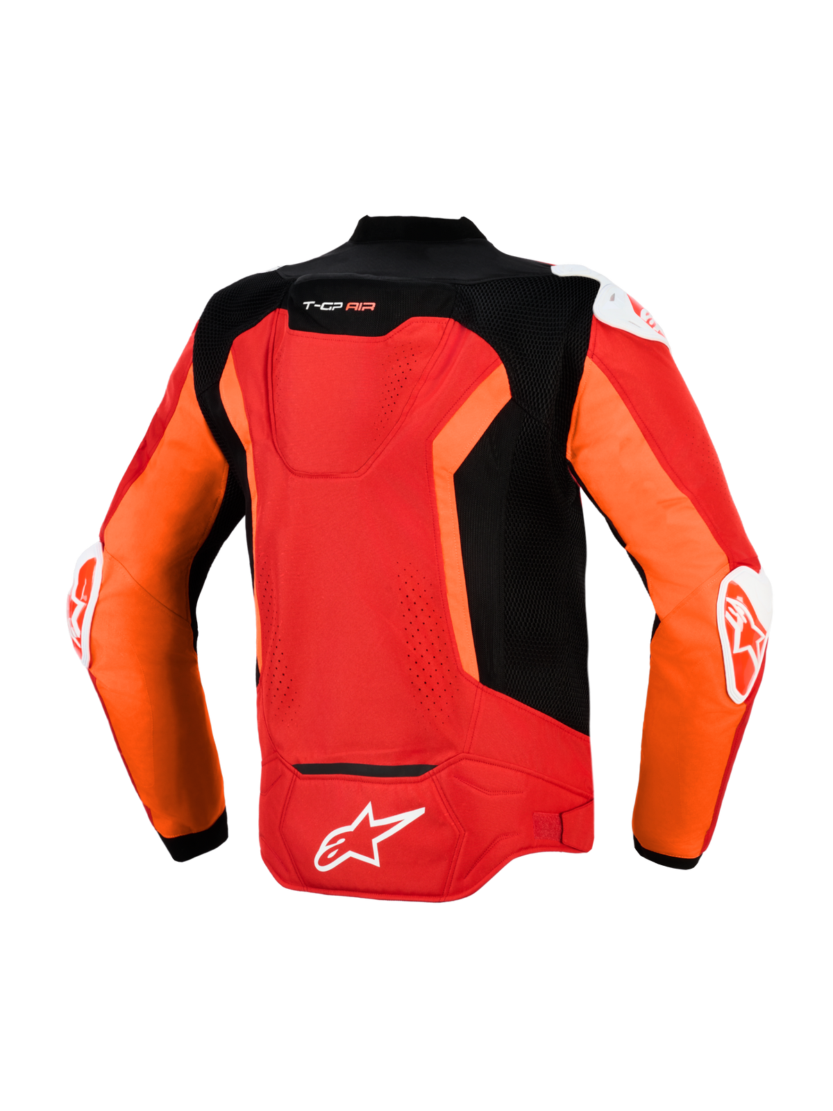 Chaqueta Alpinestars T-GP Air, vista trasera, rojo brillante, rojo flúor y negro, chaqueta textil deportiva para motocicleta con paneles de malla perforados con láser, joroba aerodinámica Supertech R10, deslizadores externos DFS en hombros y codos, y logotipo de Alpinestars blanco en la parte inferior de la espalda.