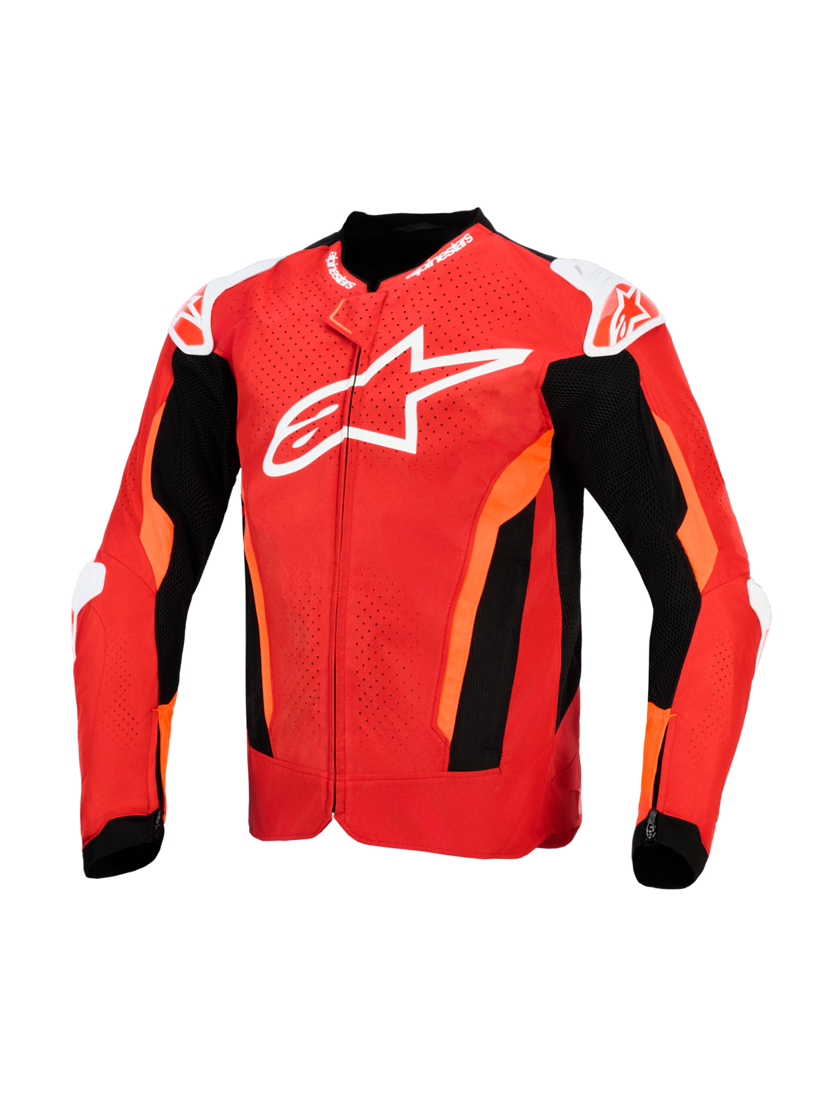 Chaqueta Alpinestars T-GP Air, chaqueta textil para motociclismo, rojo brillante y negro con detalles blancos, con un gran logotipo blanco en el pecho, paneles frontales perforados con láser y secciones de malla negra para ventilación, diseño de ajuste deportivo.