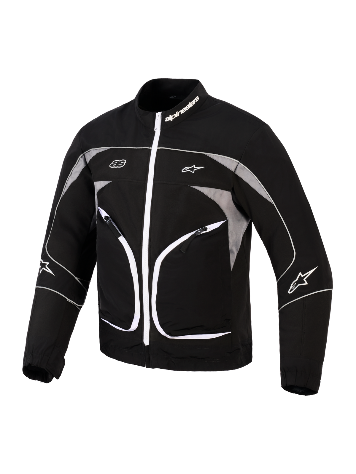Chaqueta Alpinestars Unite, chaqueta de moto, negro y gris oscuro, con cremallera frontal blanca, paneles grises reflectantes y detalles de ribetes blancos, marca Alpinestars en el cuello y las mangas, diseño urbano minimalista