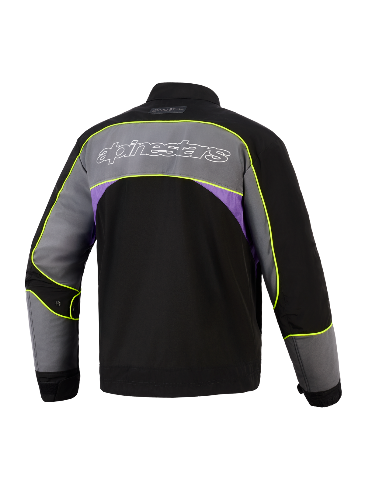 Alpinestars Unite Jacket in Black Asphalt Violet, back view, urban motorcycle jacket with large grey shoulder panel, white outline Alpinestars logo, purple side accents, and high-visibility neon yellow piping along the seams.