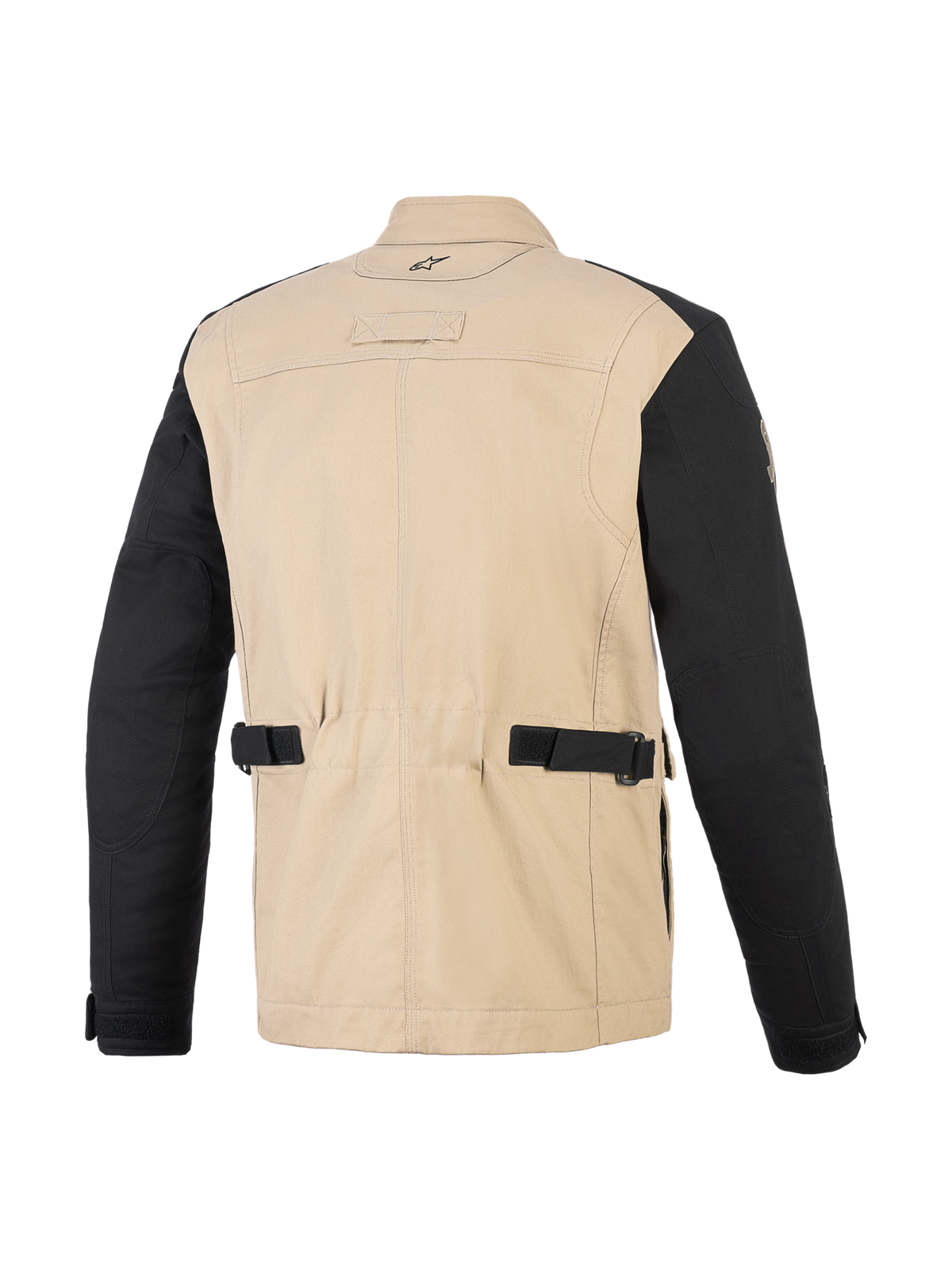 Alpinestars Dice Jacket, chaqueta de moto urbana, Aluminum Black, vista trasera que muestra el cuerpo de policotón canela y mangas negras, con correas de ajuste en la cintura, paneles plisados en los hombros y diseño inspirado en ropa de trabajo