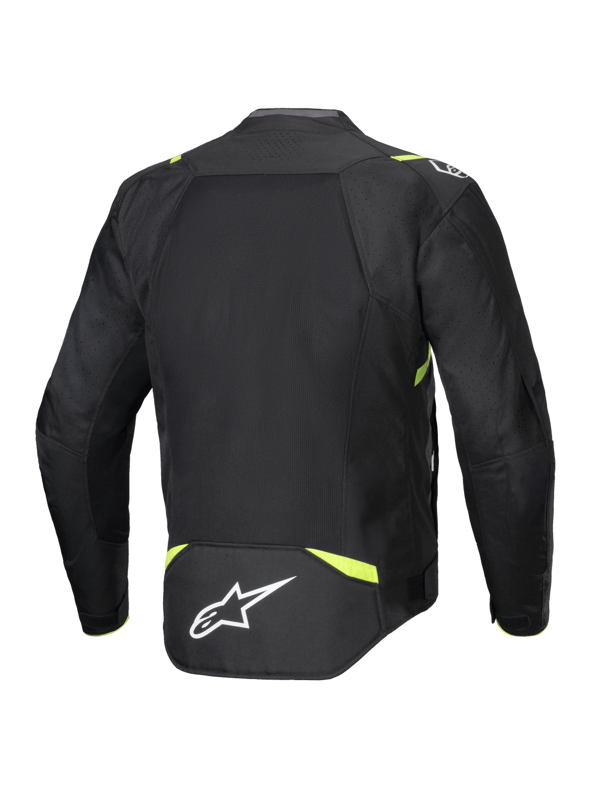 Chaqueta Alpinestars T-SPS Air V2, chaqueta textil de moto, negro y amarillo flúor, vista trasera con grandes paneles de malla para el flujo de aire, detalles en amarillo fluorescente en hombros y cintura, logo Alpinestars blanco en la parte inferior de la espalda