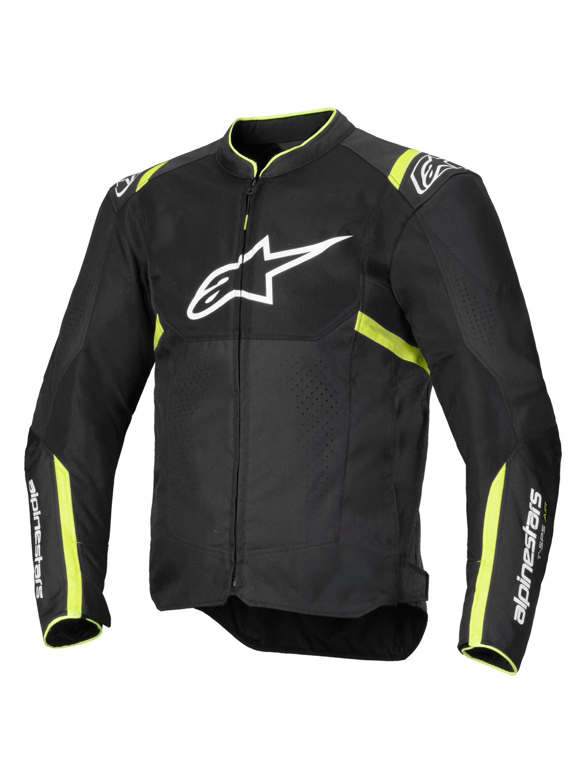 Chaqueta Alpinestars T-Sps Air V2, chaqueta de moto, negro y amarillo flúor, con un gran logotipo blanco en el pecho, paneles de malla para ventilación, detalles en amarillo fluorescente en hombros y mangas, diseño textil deportivo