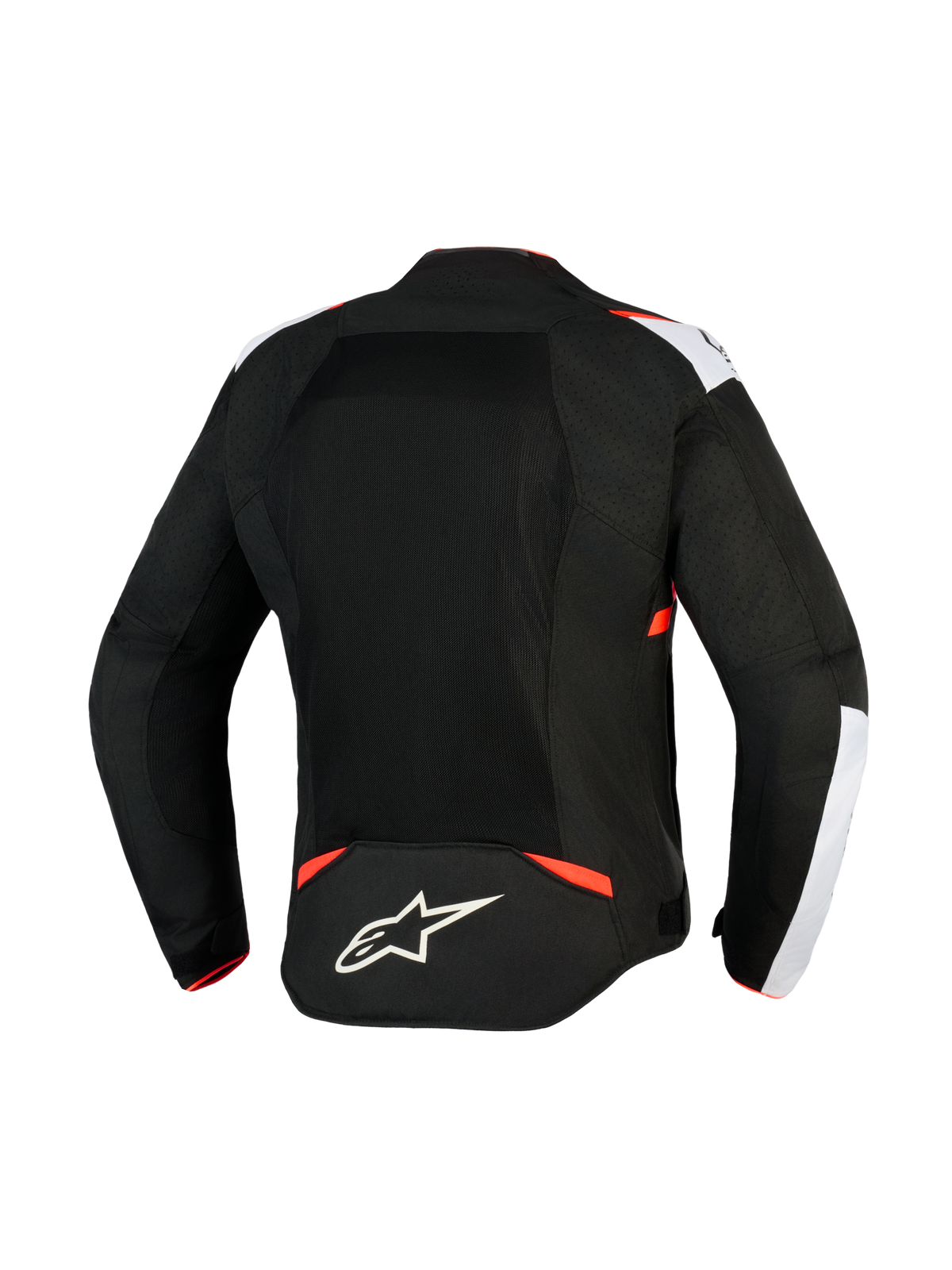 Chaqueta Alpinestars T-Sps Air V2, chaqueta de moto textil, negro, blanco y rojo flúor, vista trasera con grandes paneles de malla para el flujo de aire, detalles blancos en los hombros, logotipo de la estrella de Alpinestars en la parte baja de la espalda, diseño deportivo urbano.