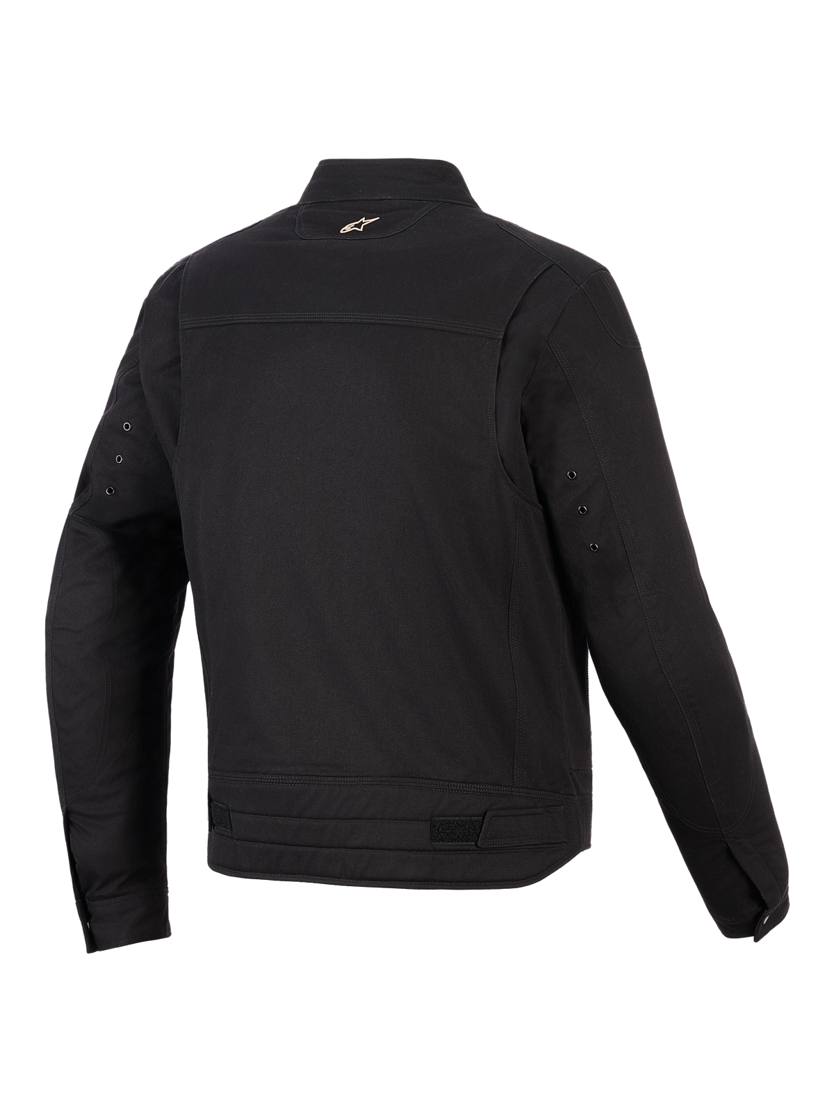 Chaqueta Alpinestars Bruiser, chaqueta de moto urbana, negra, vista posterior que muestra los paneles articulados en los hombros, ajustadores de cintura y un pequeño logotipo bordado en el cuello, diseño textil robusto inspirado en la ropa de trabajo