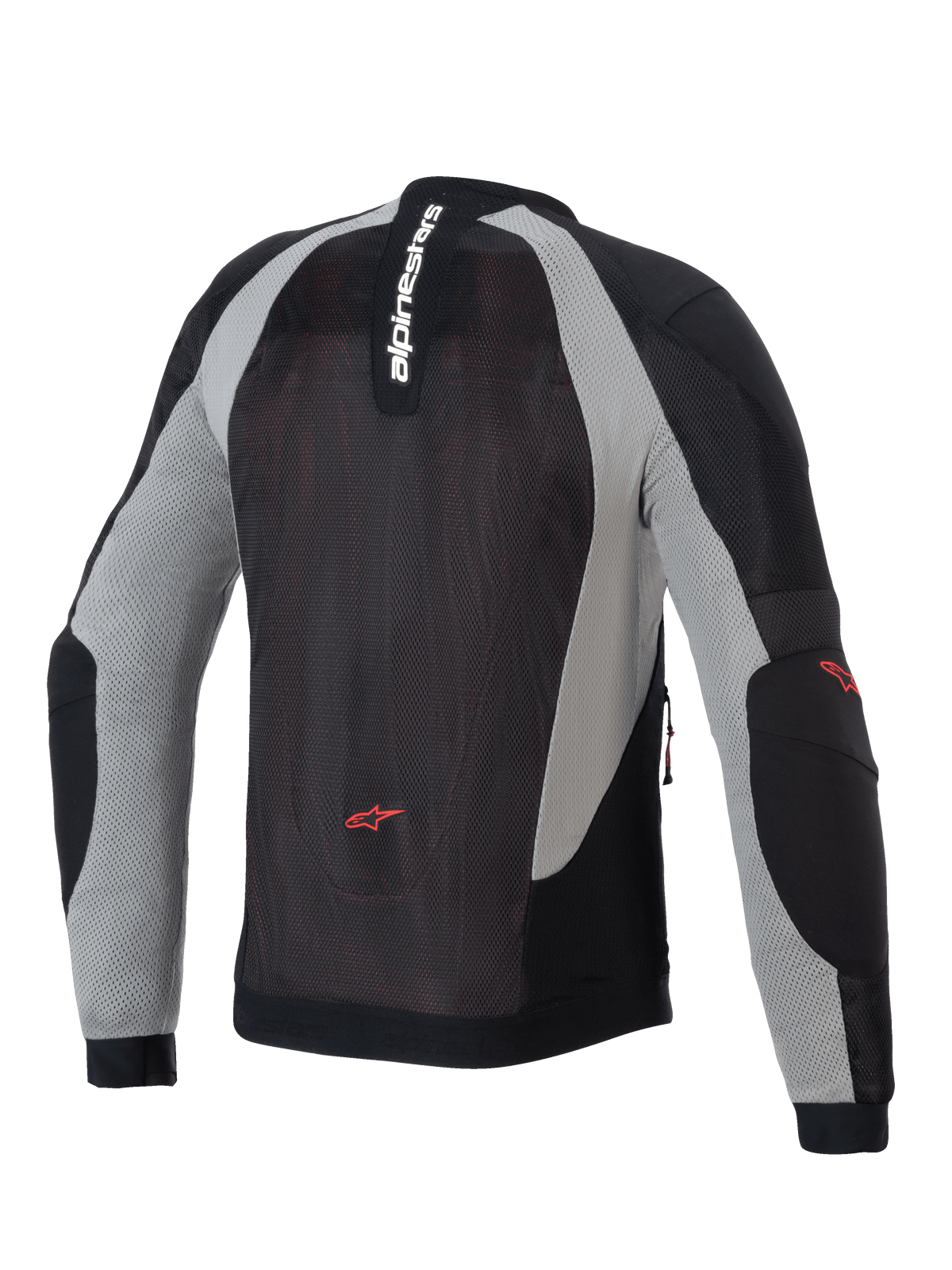 Chaqueta Alpinestars Troop-Air, chaqueta de aire para moto, negro, gris ceniza y rojo brillante, vista posterior que muestra la construcción de malla técnica, marca Alpinestars vertical en el cuello y logotipos de estrella rojos en la parte inferior de la espalda y los codos.
