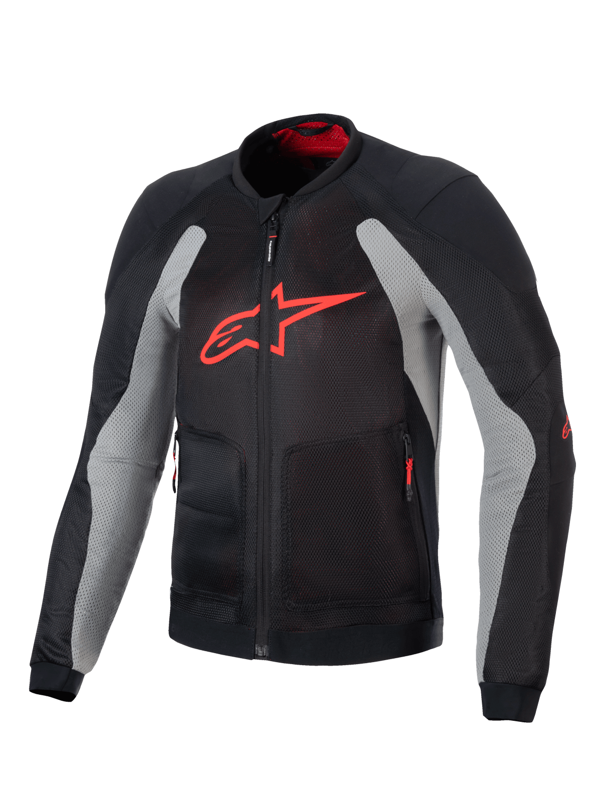 Chaqueta Alpinestars Troop-Air, chaqueta técnica de moto ventilada, negro y gris ceniza con rojo brillante, con un gran logotipo A-star rojo en el pecho, construcción de malla para flujo de aire y diseño técnico de conducción
