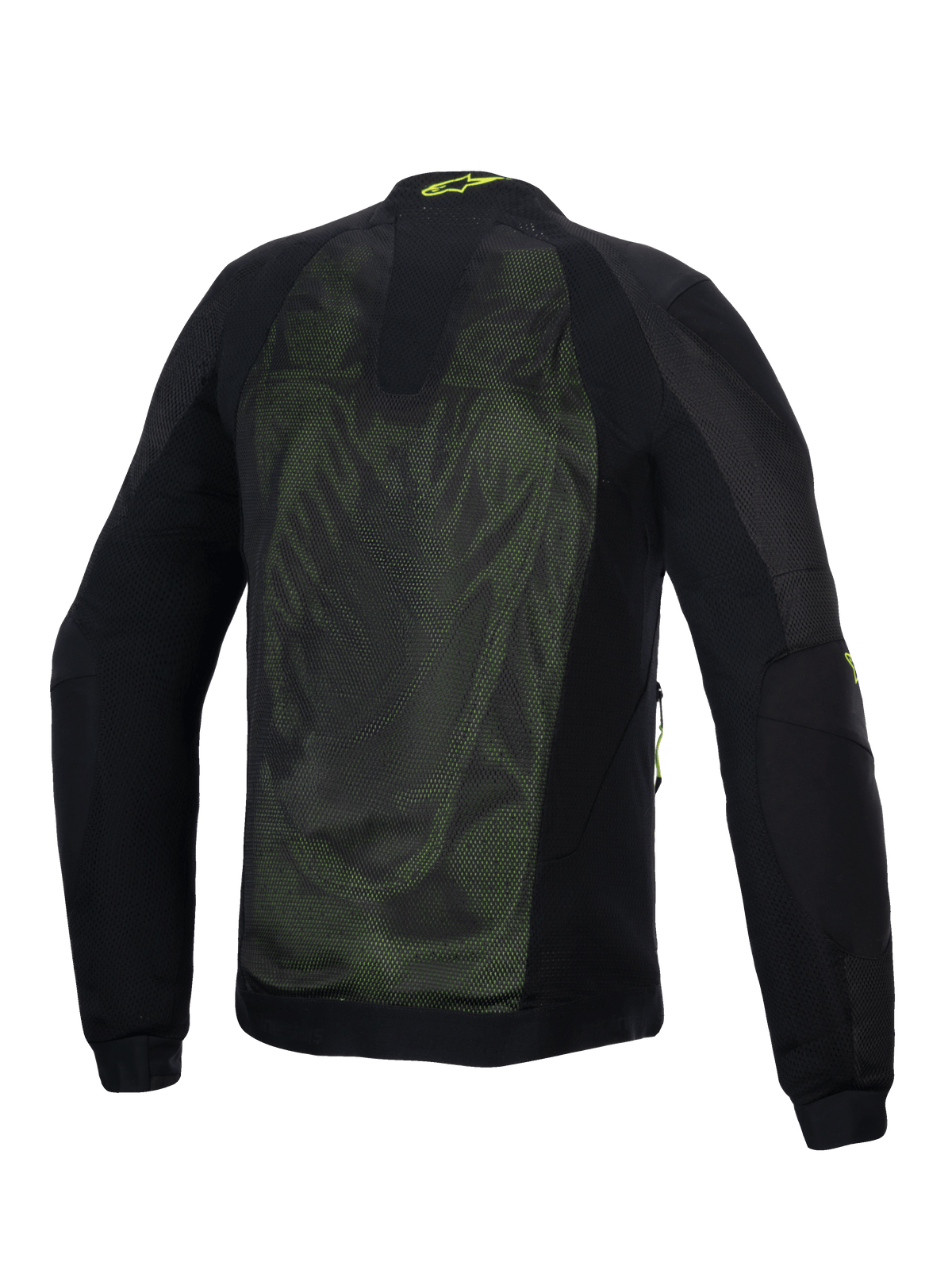 Alpinestars Troop-Air Jacket, chaqueta técnica de malla para moto, negro y amarillo flúor, vista trasera con amplios paneles de malla técnica 2D para ventilación, logotipo amarillo de Alpinestars en el cuello y mangas textiles reforzadas.
