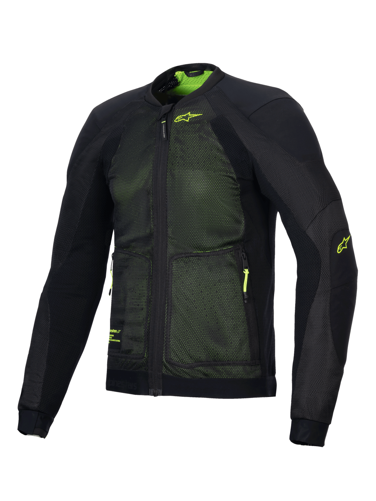 Chaqueta Alpinestars Troop-Air, avanzada chaqueta de aire para moto, negro y amarillo flúor, con construcción de malla técnica 2D para un flujo de aire superior, logotipo Alpinestars amarillo flúor en el pecho y la manga, diseño ligero y transpirable para conducción en carretera en verano