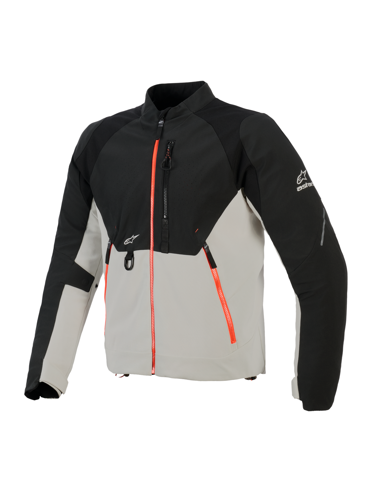 Chaqueta Alpinestars Provoke, chaqueta de moto urbana, negro y gris metalizado con detalles de cremallera en rojo fluorescente, paneles en el pecho perforados con láser, refuerzos de softshell ripstop y anilla en D frontal, diseño urbano para conducción en climas cálidos