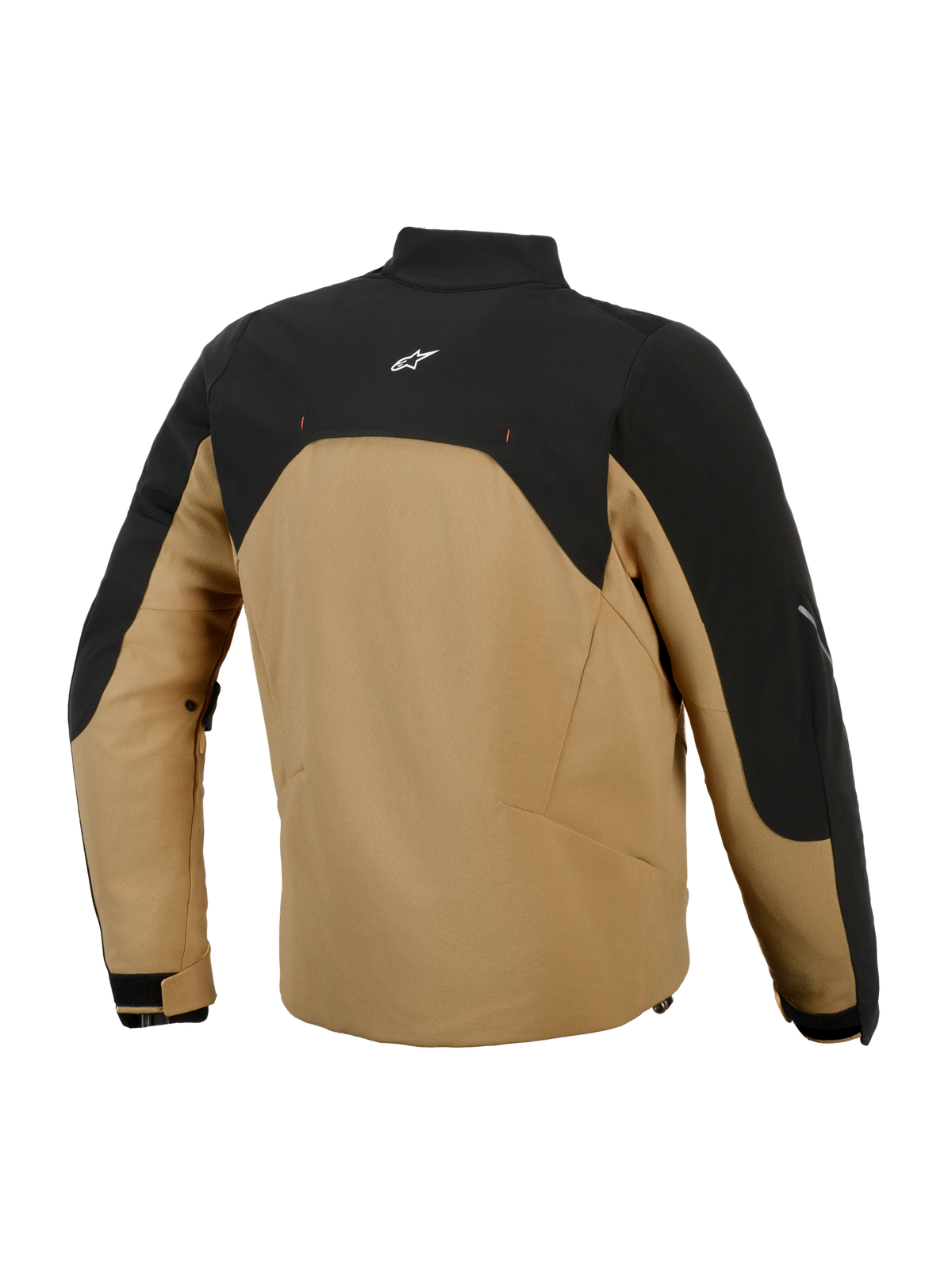Alpinestars Provoke Jacket, chaqueta de moto urbana, negro y camel, vista posterior con panel superior negro y logo blanco, cuerpo de softshell color camel, silueta contemporánea con detalles reflectantes, diseñada para motoristas urbanos