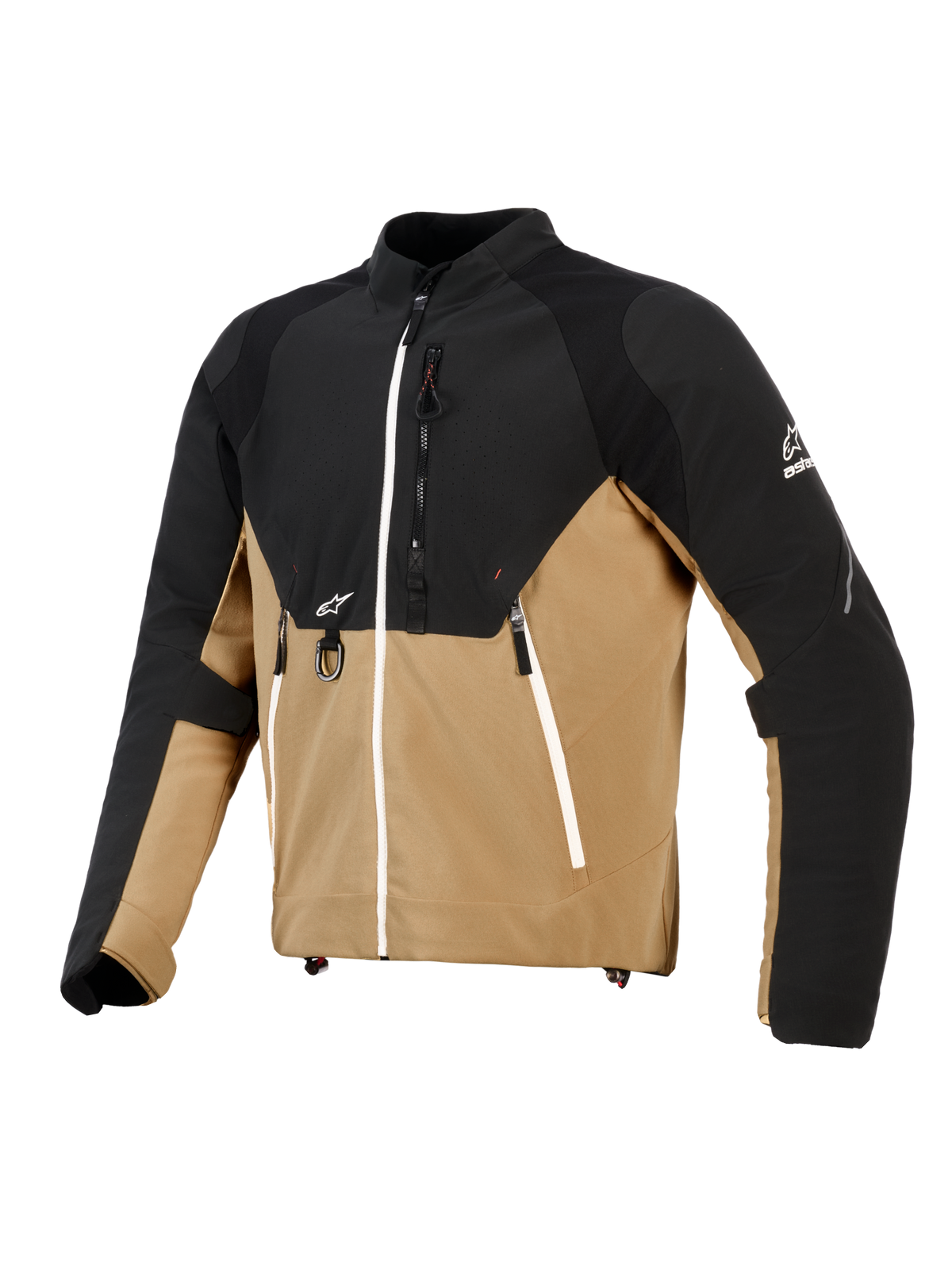 Chaqueta Alpinestars Provoke, chaqueta de moto urbana, negro y camel, construcción textil técnica con paneles ripstop, con detalles de cremalleras blancas, anilla en D metálica frontal y logotipos de Alpinestars, diseño contemporáneo de inspiración outdoor
