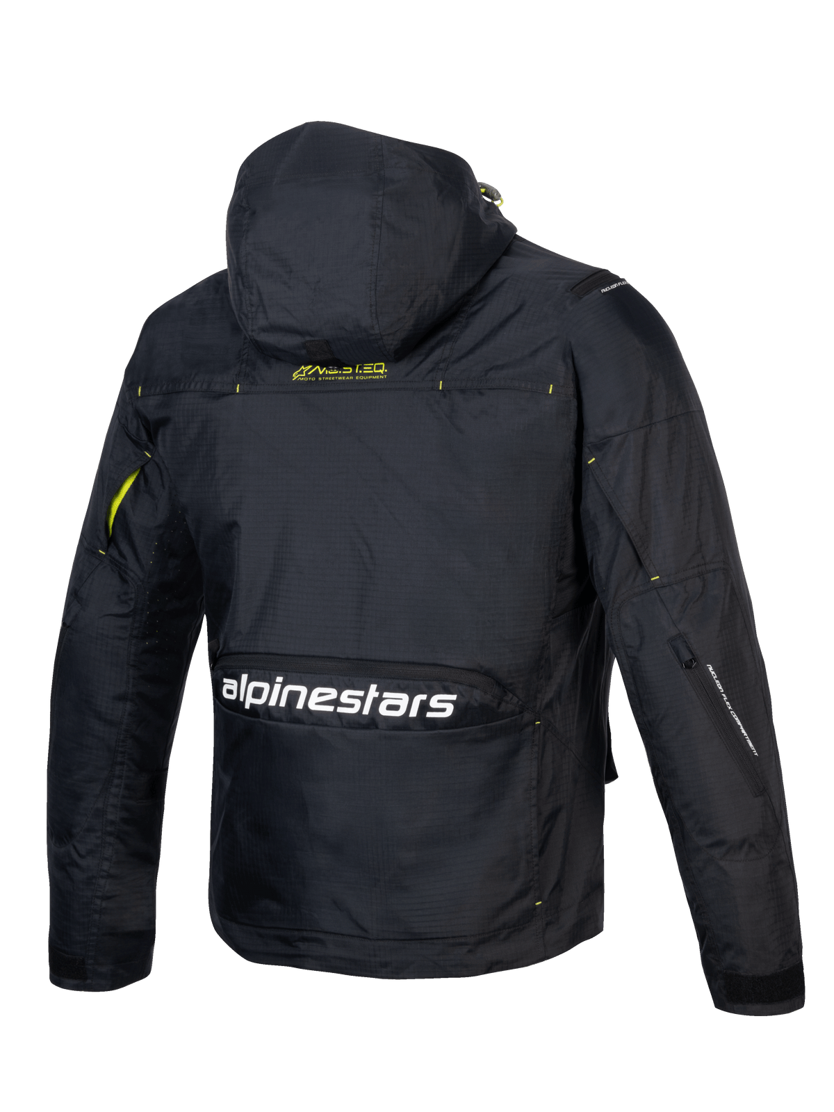 Alpinestars Mogress Air, chaqueta de moto urbana negra y verde lima, ripstop ventilado con capucha y logotipo trasero.