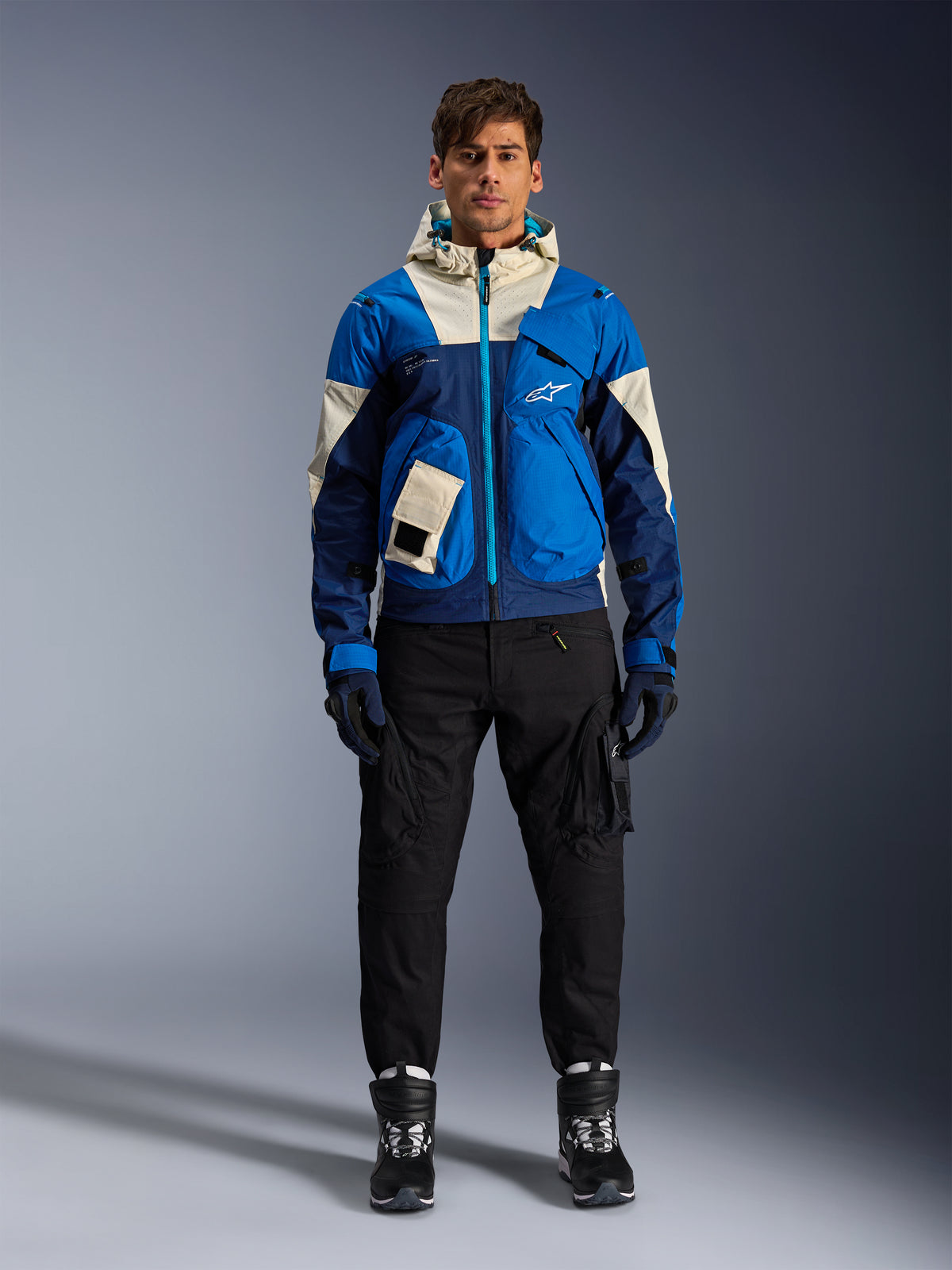 Alpinestars Mogress Air, chaqueta de moto urbana para hombre, azul y crema, textil, certificada CE, con capucha y bloques de color