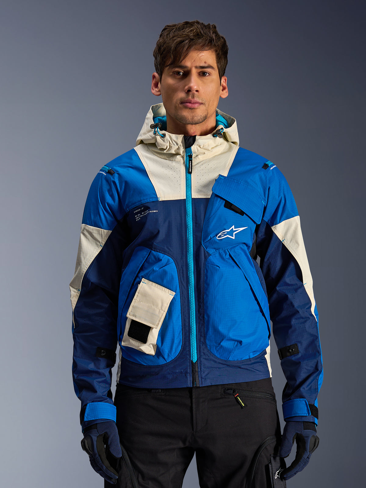 Alpinestars Mogress Air, chaqueta de moto urbana para hombre, azul y almendra, con capucha ventilada y bolsillos funcionales