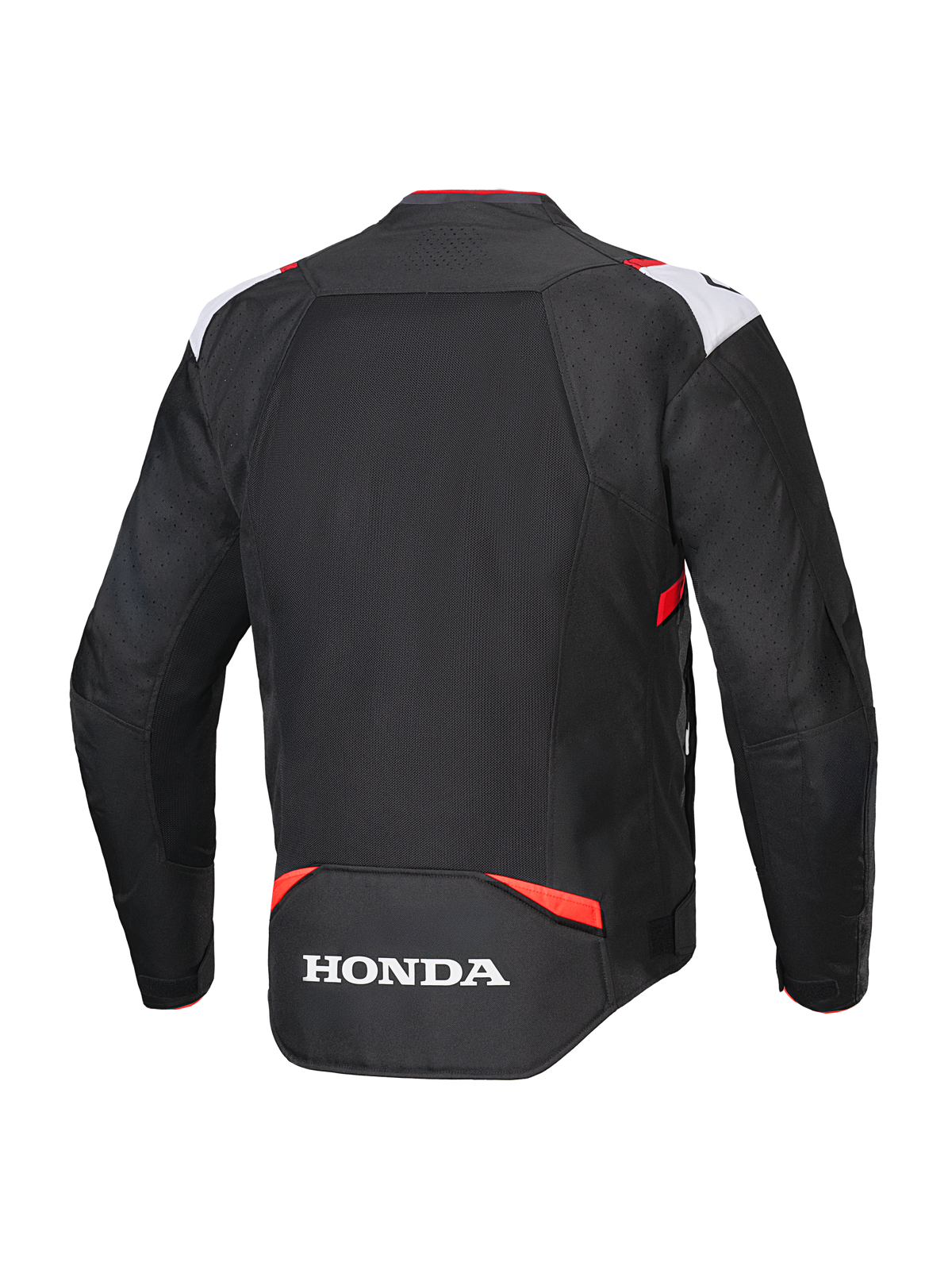 Chaqueta Alpinestars Honda T-SPS Air V2, chaqueta de moto textil, negro, blanco y rojo brillante, vista trasera con panel de malla grande para el flujo de aire y logotipo de Honda en blanco, diseño deportivo para conducción urbana en verano