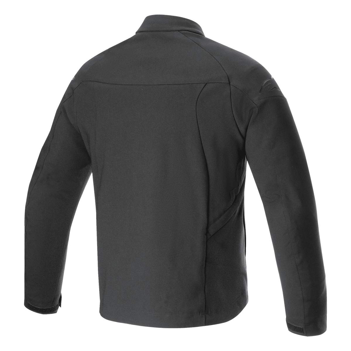 Chaqueta Alpinestars Aeron, chaqueta de moto, negra, vista trasera con silueta urbana minimalista, confección íntegra en poli-tejido elástico y transpirable, logotipo sutil en relieve en el hombro, equipamiento de verano.