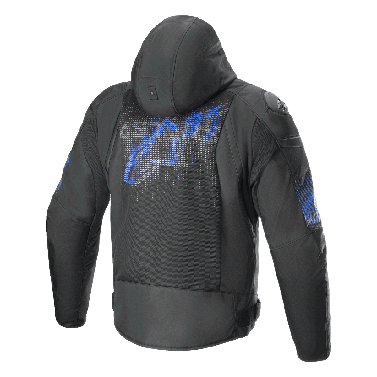 Alpinestars Chaqueta Zaca Air Venom Impermeable, chaqueta de moto de textil con capucha para hombre, vista trasera, negra y azul eléctrico, con malla 3D transpirable y protección con certificación CE
