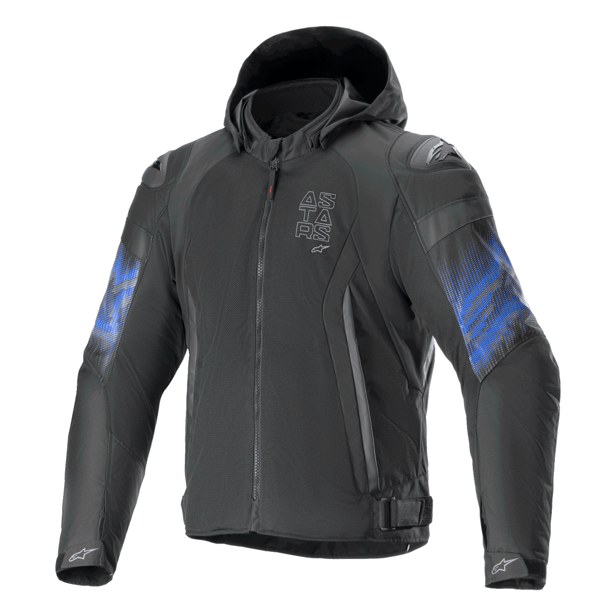 Alpinestars Chaqueta Zaca Air Venom Impermeable, chaqueta de moto textil con capucha y compatibilidad Tech-Air, negra y azul eléctrico, certificada CE