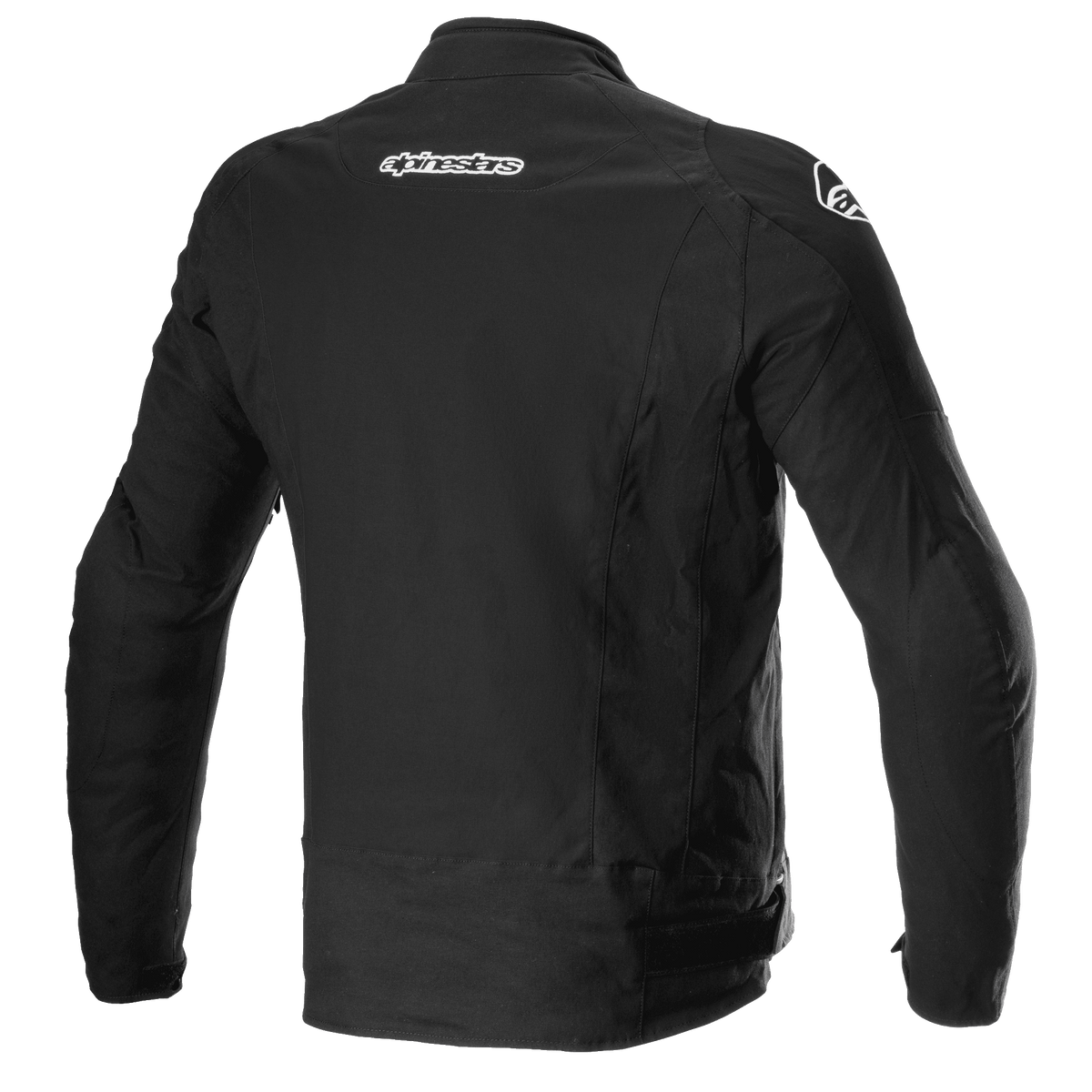 Alpinestars T-GP Force Jacket, chaqueta textil de moto, negra, vista trasera que muestra la marca Alpinestars en la parte superior de la espalda y los hombros, diseño deportivo estilizado.
