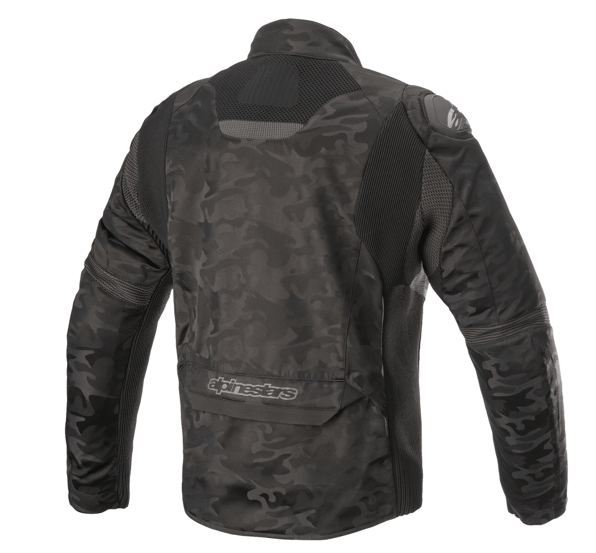 Chaqueta textil Alpinestars T SP-5 Rideknit®, chaqueta de moto, camuflaje negro, vista trasera con paneles elásticos de punto, patrón de camuflaje en tejido resistente a la abrasión, logotipo de Alpinestars en la parte inferior de la espalda.