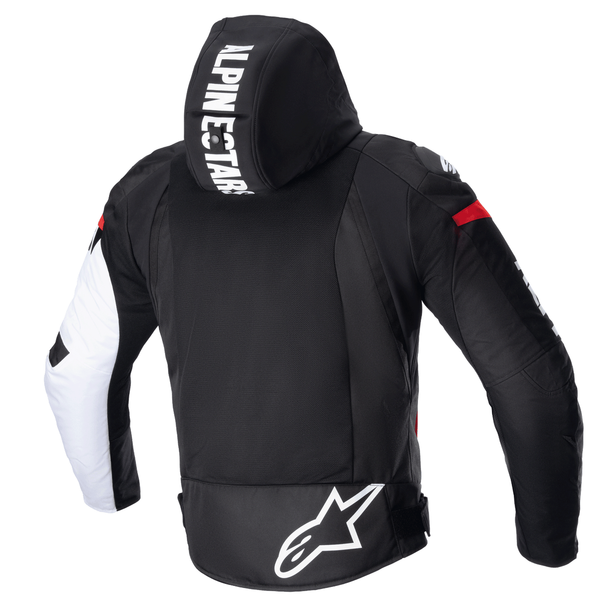 Chaqueta Alpinestars Zaca Air, chaqueta textil para moto, negro, blanco y rojo flúor, vista posterior con capucha desmontable con marca llamativa, panel trasero grande de malla 3D para ventilación y logotipo Astars blanco en la parte inferior de la espalda.