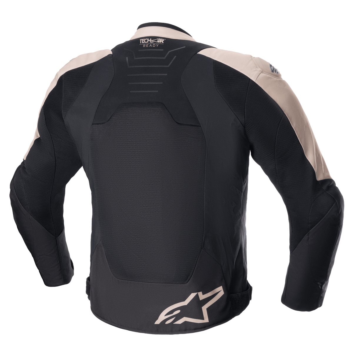 Alpinestars SMX Air Jacket, Motorcycle Sport Jacket, Light Brown and Black, back view featuring ventilated tech mesh panels, Tech-Air Ready branding on the upper back, and Alpinestars logo on the lower hem.