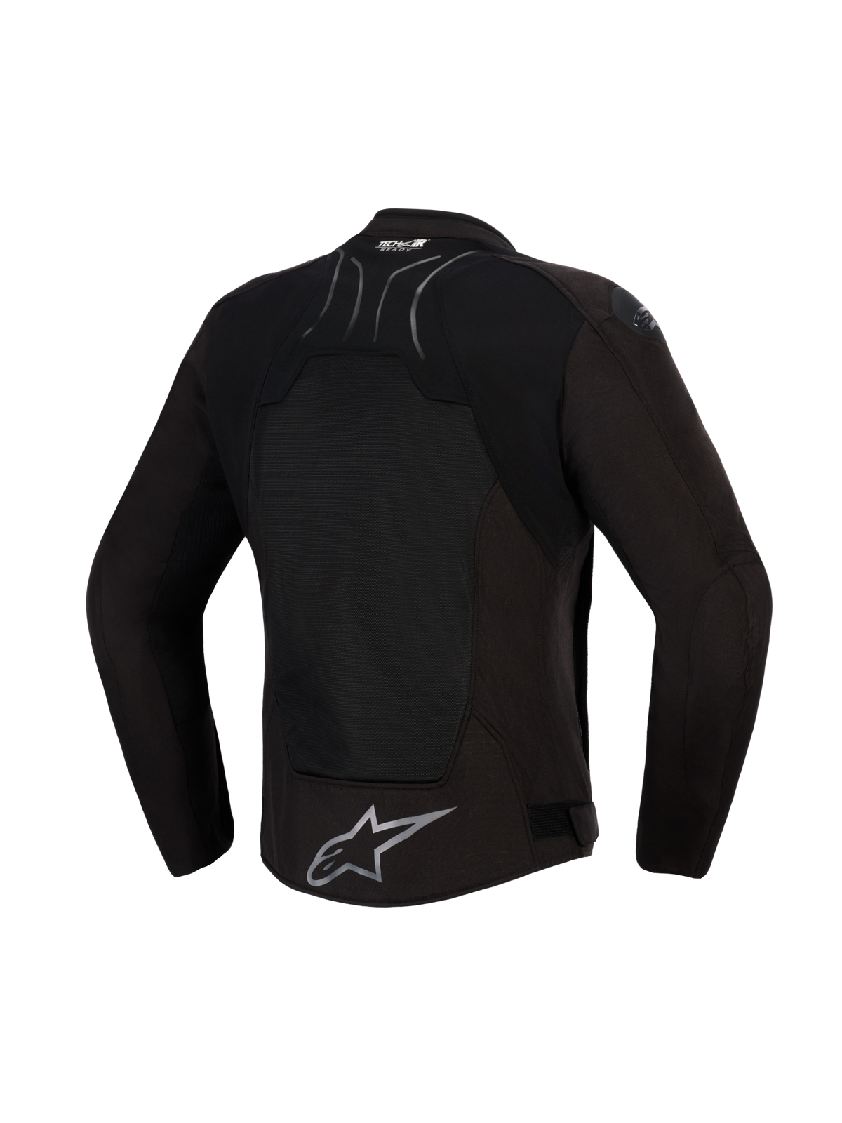 Alpinestars SMX Air Jacket, Black Anthracite, Rear view, featuring a large tech mesh back panel for ventilation, Tech-Air® Ready branding on the upper back, and silver Alpinestars star logo on the lower hem, designed for warm weather sport riding.