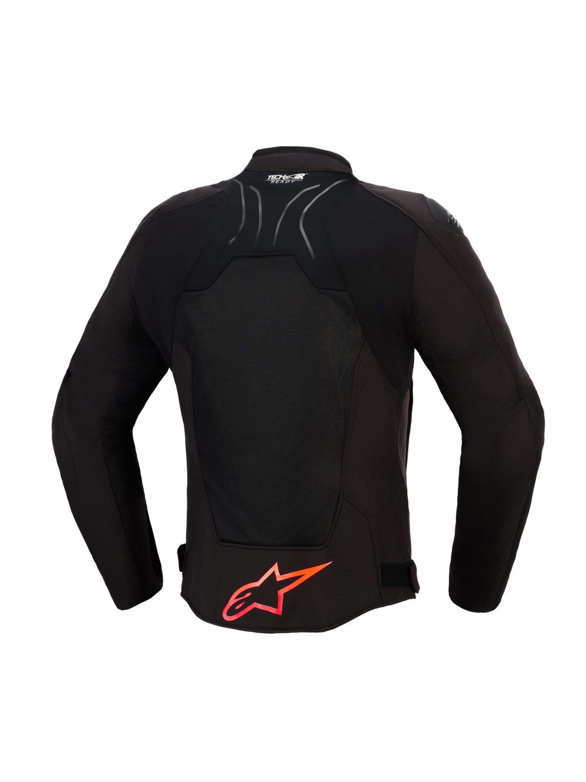 Chaqueta Alpinestars SMX Air, chaqueta de moto, negra con detalles en rojo brillante, vista trasera que muestra paneles de malla técnica para el flujo de aire, logotipo grande de Alpinestars en rojo en la parte inferior de la espalda, logotipo Tech-Air Ready en el cuello, diseño deportivo para conducción de alto rendimiento.