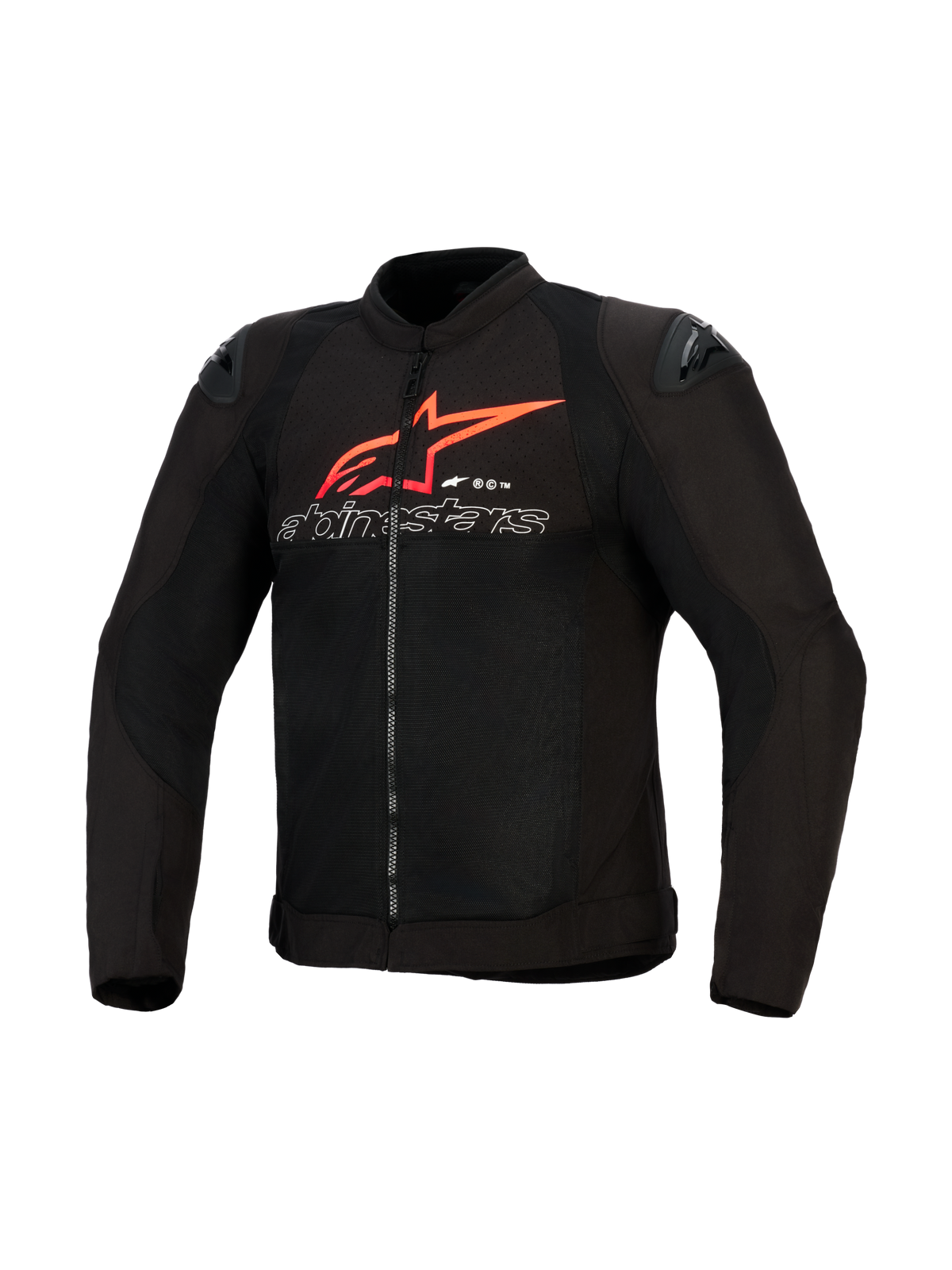 Chaqueta Alpinestars SMX Air, chaqueta de moto, negra con acentos en rojo brillante y blanco, con un gran logotipo de estrella roja de Alpinestars y texto delineado en blanco en el pecho, paneles de malla con deslizadores de hombro negros, equipamiento de conducción deportiva de alto rendimiento.