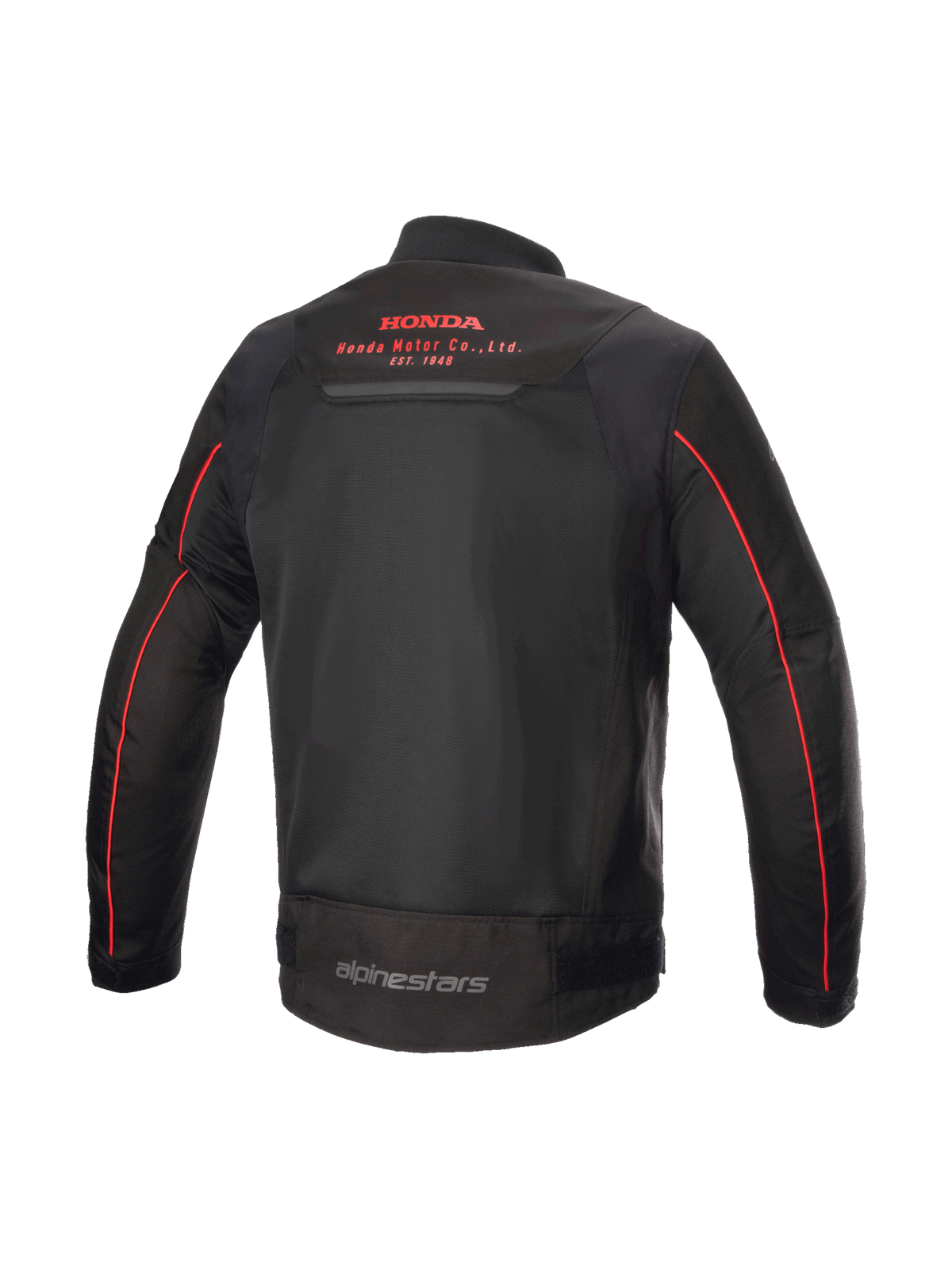 Alpinestars Honda Luc V2 Air, chaqueta de moto urbana, negra y roja, vista trasera con paneles de malla y logotipos de Honda, diseño técnico y transpirable