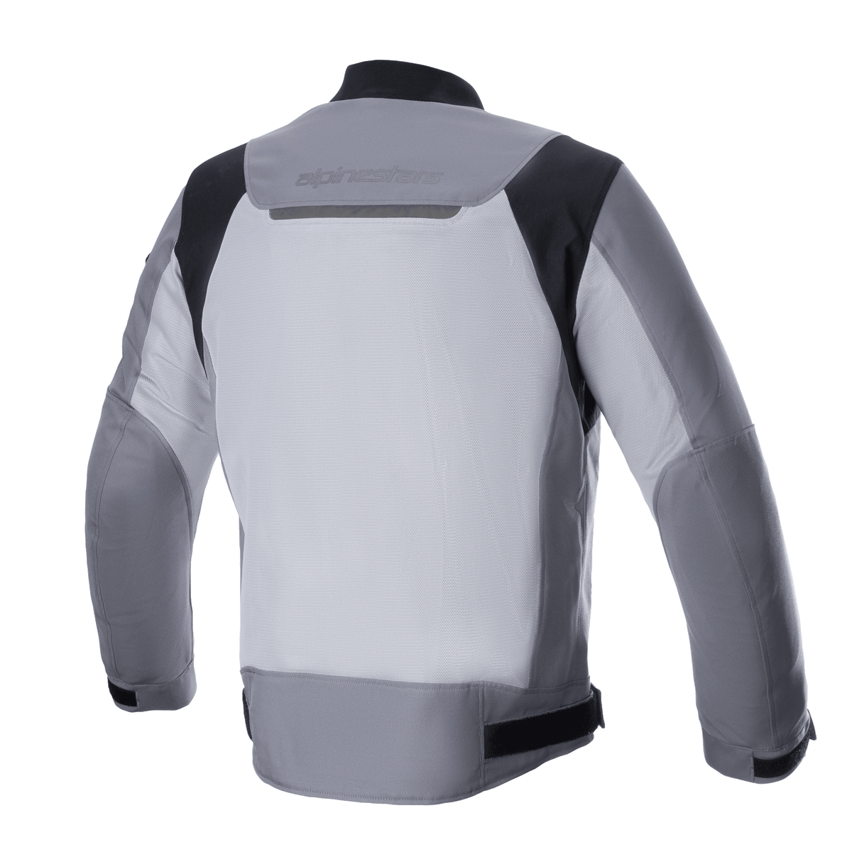 Chaqueta Alpinestars Luc V2 Air, chaqueta de moto textil, Gris Oscuro Gris Medio, vista trasera con gran panel de malla ventilada, detalles negros en los hombros y logotipo reflectante en la parte superior de la espalda