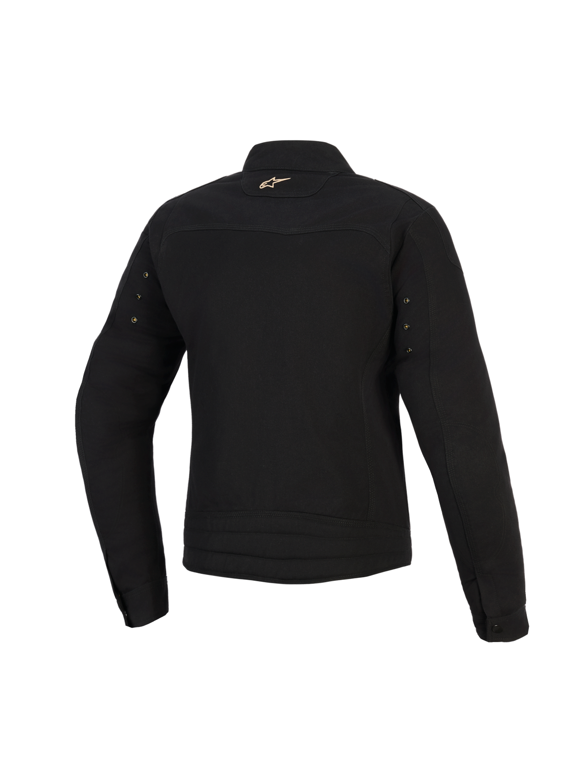 Chaqueta Stella Grace de Alpinestars, chaqueta urbana de moto para mujer, negra, vista trasera con un pequeño logotipo Astar dorado en el cuello, ojales metálicos en las mangas y costuras plisadas en la parte inferior de la espalda.