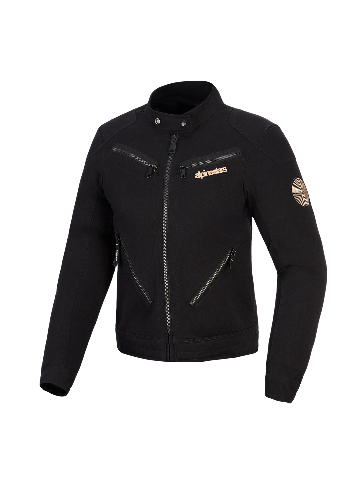 Alpinestars Stella Grace Jacket, chaqueta de moto para mujer, negra, diseño inspirado en la ropa de trabajo urbana con múltiples cremalleras frontales, cuello con botón a presión, logotipo de Alpinestars en color cobre y parche espiral vintage en la manga.