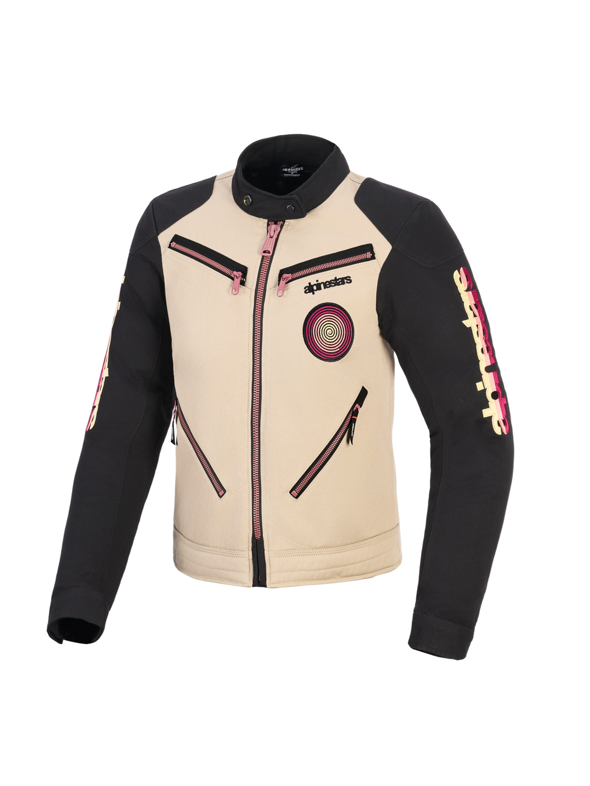 Alpinestars Stella Grace Jacket, Women's Motorcycle Jacket, Aluminum and Black with pink zipper accents, front view showing urban workwear-inspired design, spiral Oscar patch on chest, Alpinestars branding on sleeves.