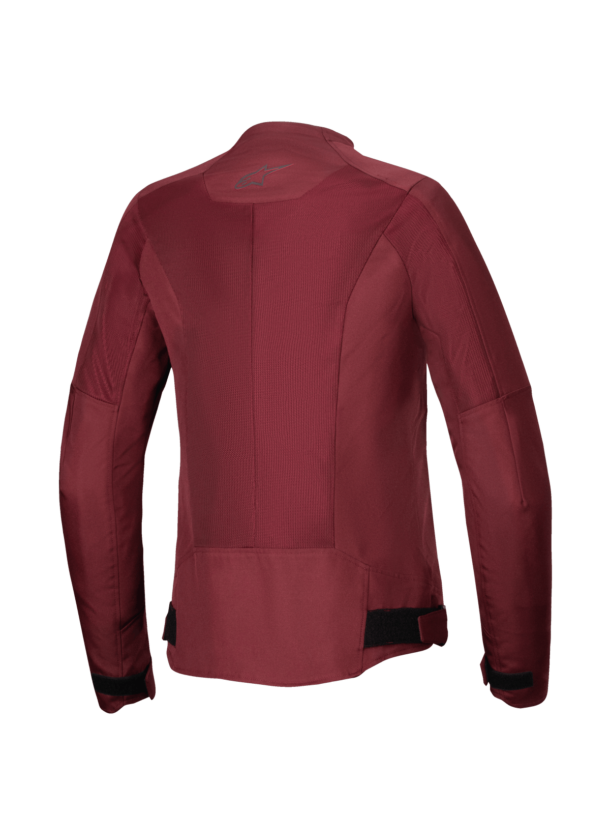 Alpinestars Stella C-1 Air Jacket, Woman's Motorcycle Jacket, Burgundy, back view featuring large tech mesh panels for airflow, reflective logo at the neck, and adjustable waist straps, urban riding gear