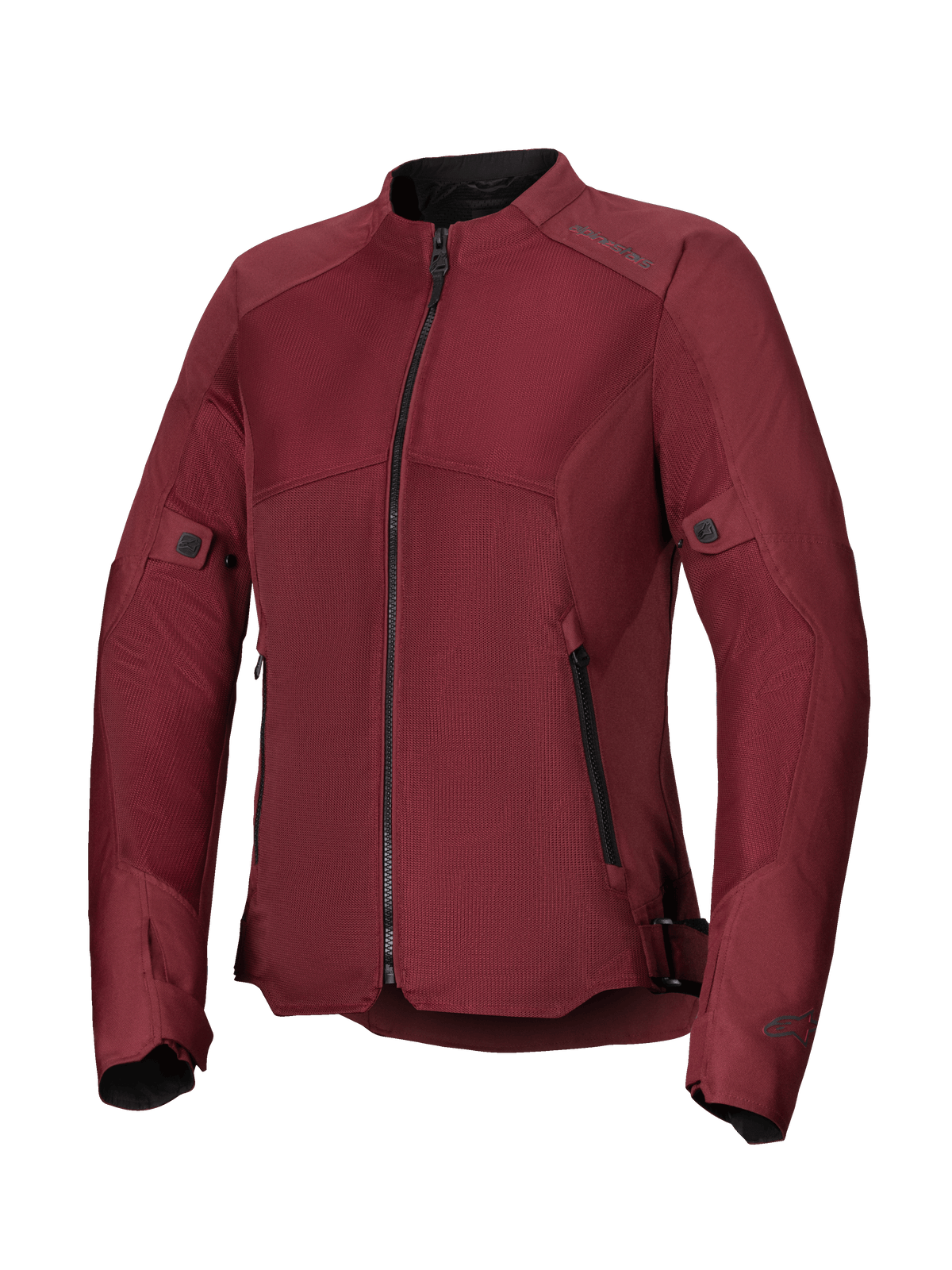 Alpinestars Woman Stella C-1 Air Jacket, Burgundy motorcycle jacket, featuring large tech mesh panels for airflow, central black zipper, zippered hand pockets, and adjustable waist and sleeve tabs, designed for urban riding