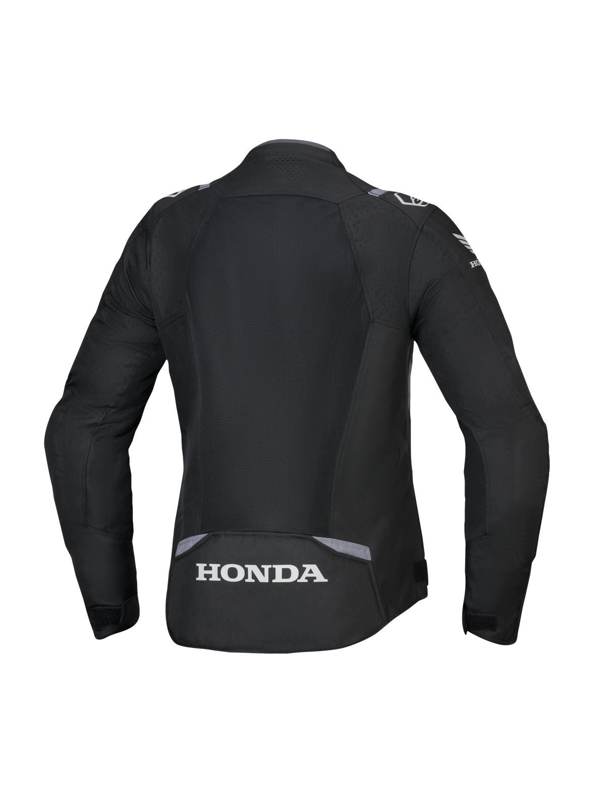 Alpinestars Honda Stella T-SPS Air V2 Jacket para mujer, vista trasera, negra con detalles en gris oscuro y gris hielo, con un gran panel de malla técnica en la espalda y el logotipo de Honda en blanco en la parte inferior, ajuste de alto rendimiento diseñado para la mujer.
