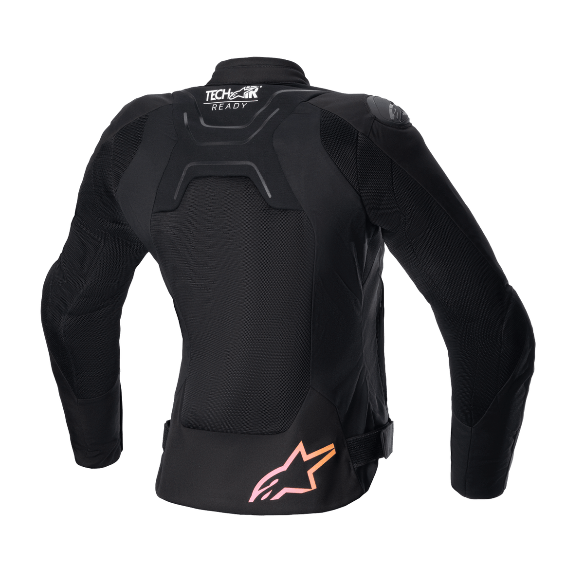 Chaqueta Alpinestars Stella SMX Air para mujer, vista trasera, negra con paneles de malla, con el logotipo 'Tech-Air Ready' en la parte superior de la espalda y el logotipo de la estrella en degradado de rosa a naranja en la parte inferior, chaqueta protectora de moto deportiva de calle