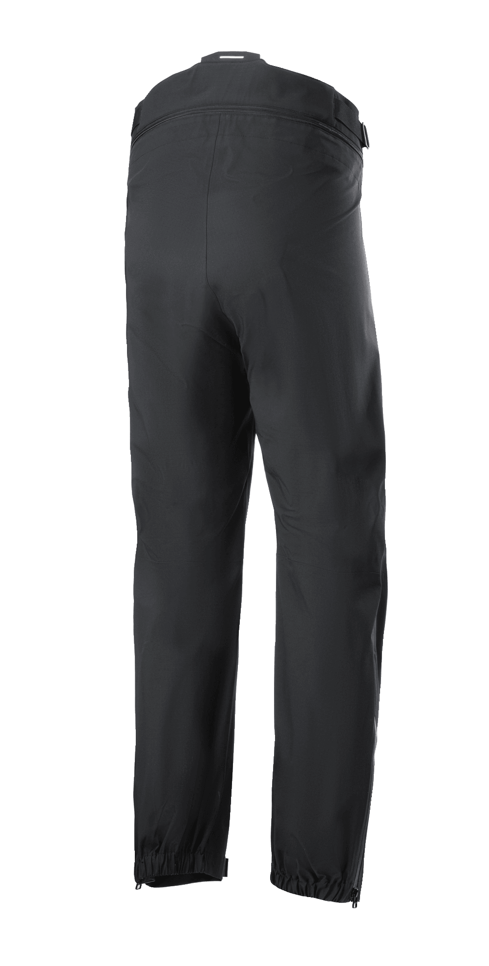 Pantalón Alpinestars AMT Storm Gear Drystar® XF, sobrepantalones de moto negros, vista trasera con conector de cintura con cremallera de circunferencia completa, dobladillos elásticos y aberturas de pierna con cremallera para conducción en climas húmedos.