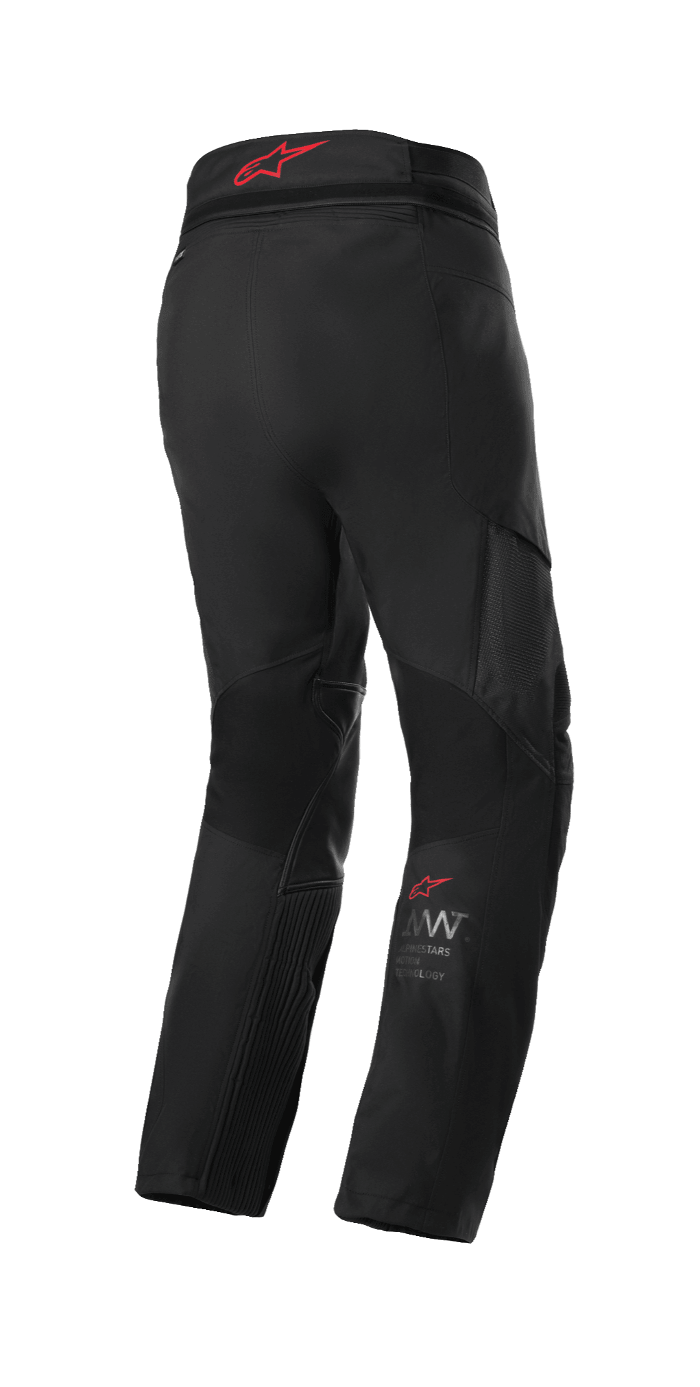 Pantalones Alpinestars AMT 7 Air, pantalones de moto para adventure touring, Black Dark Shadow, vista trasera con el logotipo rojo de Alpinestars en la cintura, con paneles de ventilación MATRYX y zonas elásticas para mayor flujo de aire y comodidad.